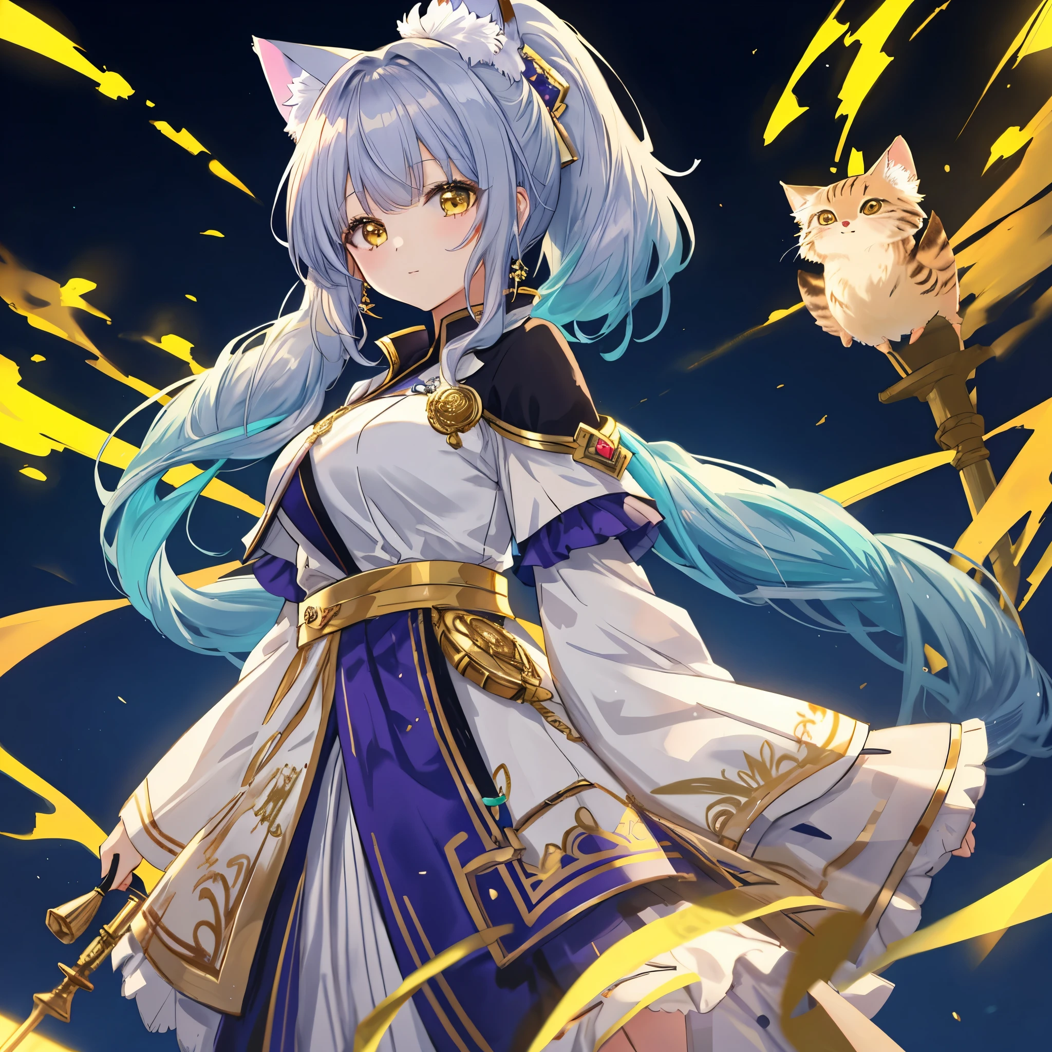**Number of characters**: One girl
  - **Worldview**: A fusion of anime and manga,
  - **Body shape**:
Kemomimi and tail: Kemomimi and tail of sand cat
  - * *Costume**:
  - **Costume color**:
- **Hairstyle**: A hairstyle that is mainly long hair, ponytail, twintails, or bob cut, and an arrangement of the other three hairstyles.
- **Hair color**: Choose one main color from gold, blue, or green, and add the other two as a slight gradation.
- **Wing presence and details**:
- **Props**:
  - **Emotion**:
- **Movement**:
  - **perspective**:
  - **Composition**:
- **Background**:
Background color: Added as sub (gold, blue, green "main" light blue, yellow, silver, deep red "sub")
  - **Lighting**:
- **Style**: High resolution official artwork or highly detailed and elaborate fan art styles trending on ArtStation and Pixiv. Please refer to Kushart Krenz's original drawings, Feminine Style, Fate Style, Enako Style, Nozomi Sasaki, and Kanna Hashimoto. Also incorporates Realistic Anime 2.5D Style or Realistic Anime Girls Style
- **Improved Quality**: Using Golden Ratio 1.2 and Drawing Board 1.3, we aim for absurd, highest quality, realistic, hyper-realistic, and ultra-detailed illustrations. Create beautiful masterpieces with ultra-high resolution and large file sizes created in 64K. The face resolution is high and the lighting is perfect. Resolution is 8K, ultra high resolution: 1.2, selectable high resolution (HD, 4K, 8K, 16K, etc.). Color bit depth is 24 bits, 48 bits