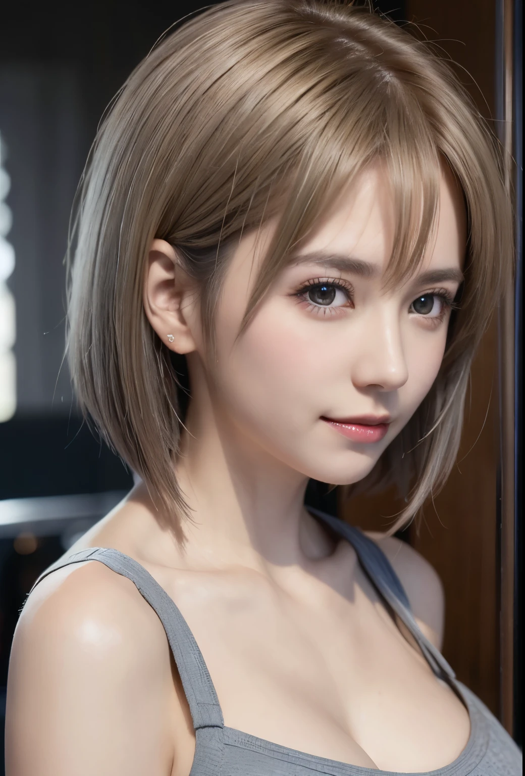 (Surreal), (illustration), (resolution improvement), (8K), (very detailed), (best illustration), (beautiful detailed eyes), (best quality), (super detailed), (masterpiece), (wallpaper), (detailed face), 1 girl, blonde short hair, slender body, delicate details, in the dark, deep shadow, low key, pureerosfaceace_v1, happy smile, pink underwear, bathroom