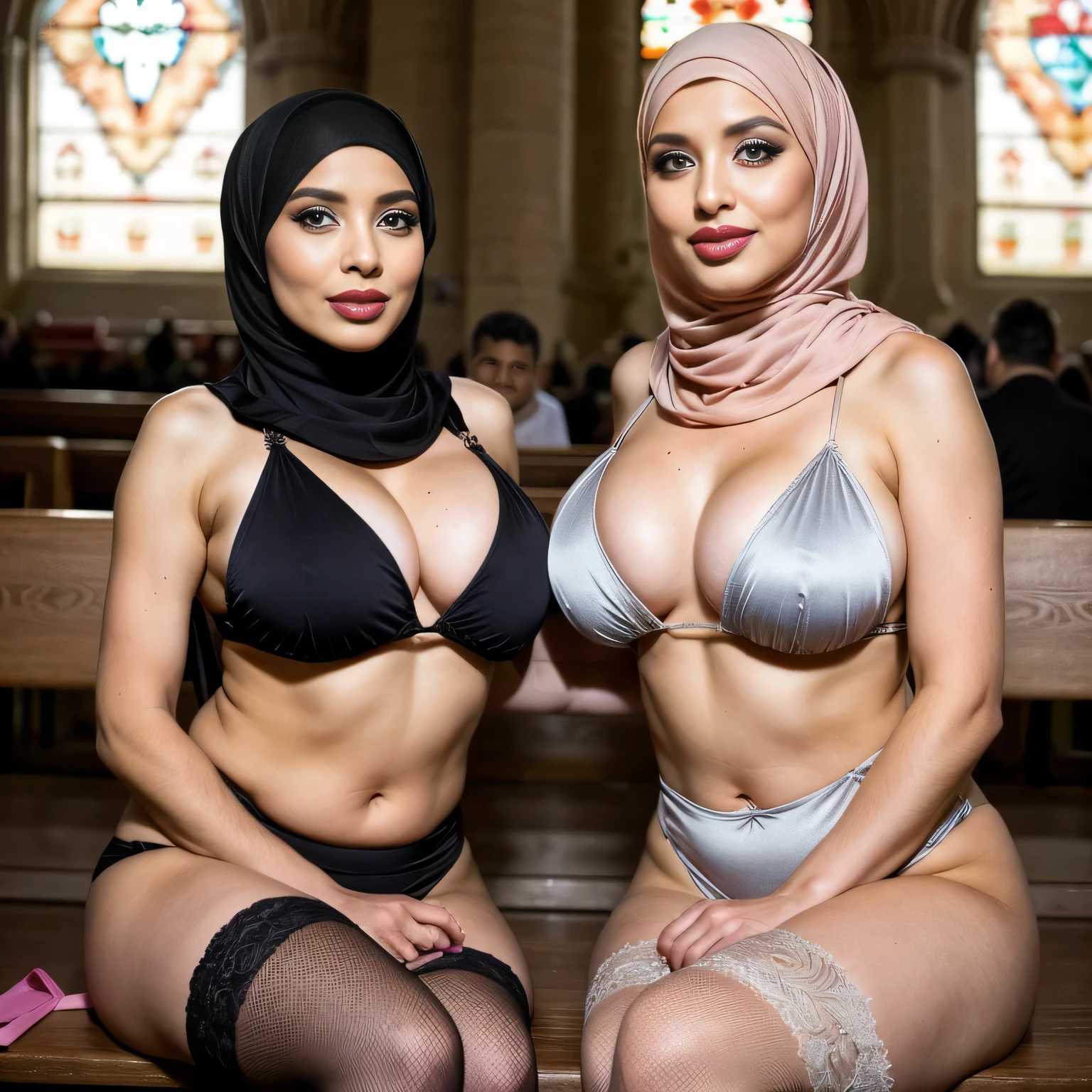 portrait,  In a peaceful church setting, two sexually attractive mature and graceful (Muslim) moms with hourglass figures sit side by side on a bench open their legs presenting their adult video body figure to viewer Both are adorned in elegant (glamour hijabs), Both are in fitted micro bikinis and (stockings). both same height, both same body proportions,   Their high heels add a touch of sophistication to their overall appearance. With their full makeup, including red lips, mascara, eye shadow, eye liner, and even blue eye color, they exude confidence and radiance. Their presence serves as a reminder of the diverse expressions of faith and beauty that exist within our world.

skin texture, ultra high res, RAW, instagram LUT, masterpiece, best quality, ultra-detailed, solo, ultra high resolution, best shadow, RAW, 4k, ((extremely detailed eyes and face)), ((beautiful detailed nose)), ((beautiful detailed thigh)), ((beautiful detailed eyes)), perfect body proportion, ((SFW:1.5)), ((both wearing hijab)) wedding veil, (hijab), wedding veil, (looking at viewer)
