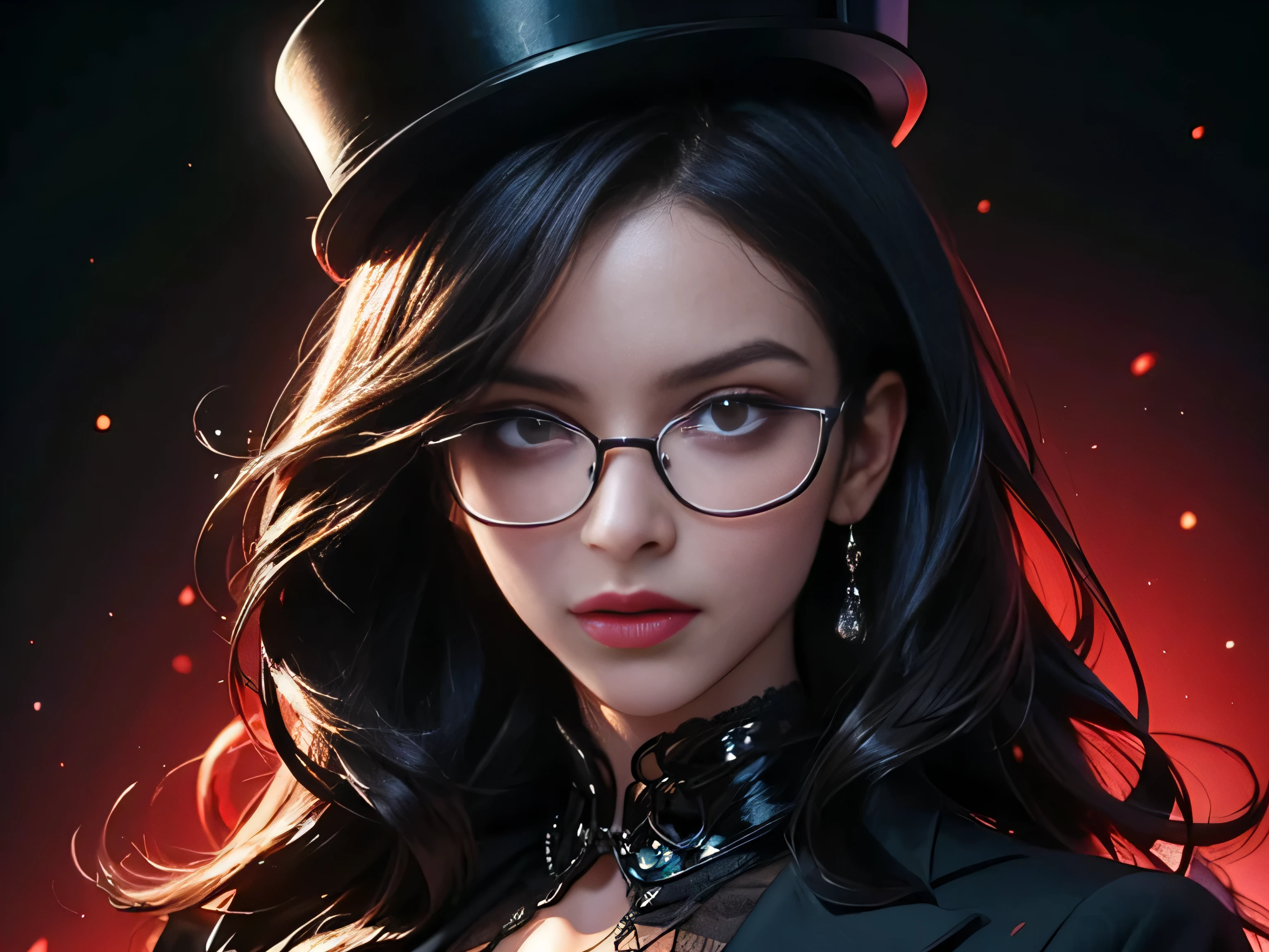 masterpiece, highest quality, (perfect full face:1.5), (high detail:1.1), long straight black hair, soft hair, rounded glasses, top hat, (hyper detailed red eyes), solo, 1guy, long hair, wearing dark luxury gothic suit, (((solo))), photoshootset detailed background, 32k, covered navel, full lips, curvy guy, perfectly drawn face, cinematic lighting, white and red tetradic colors, balenciaga, glitter, 8k character details, high quality anime art, high quality illustration, detailed anime wallpapers, detailed anime art