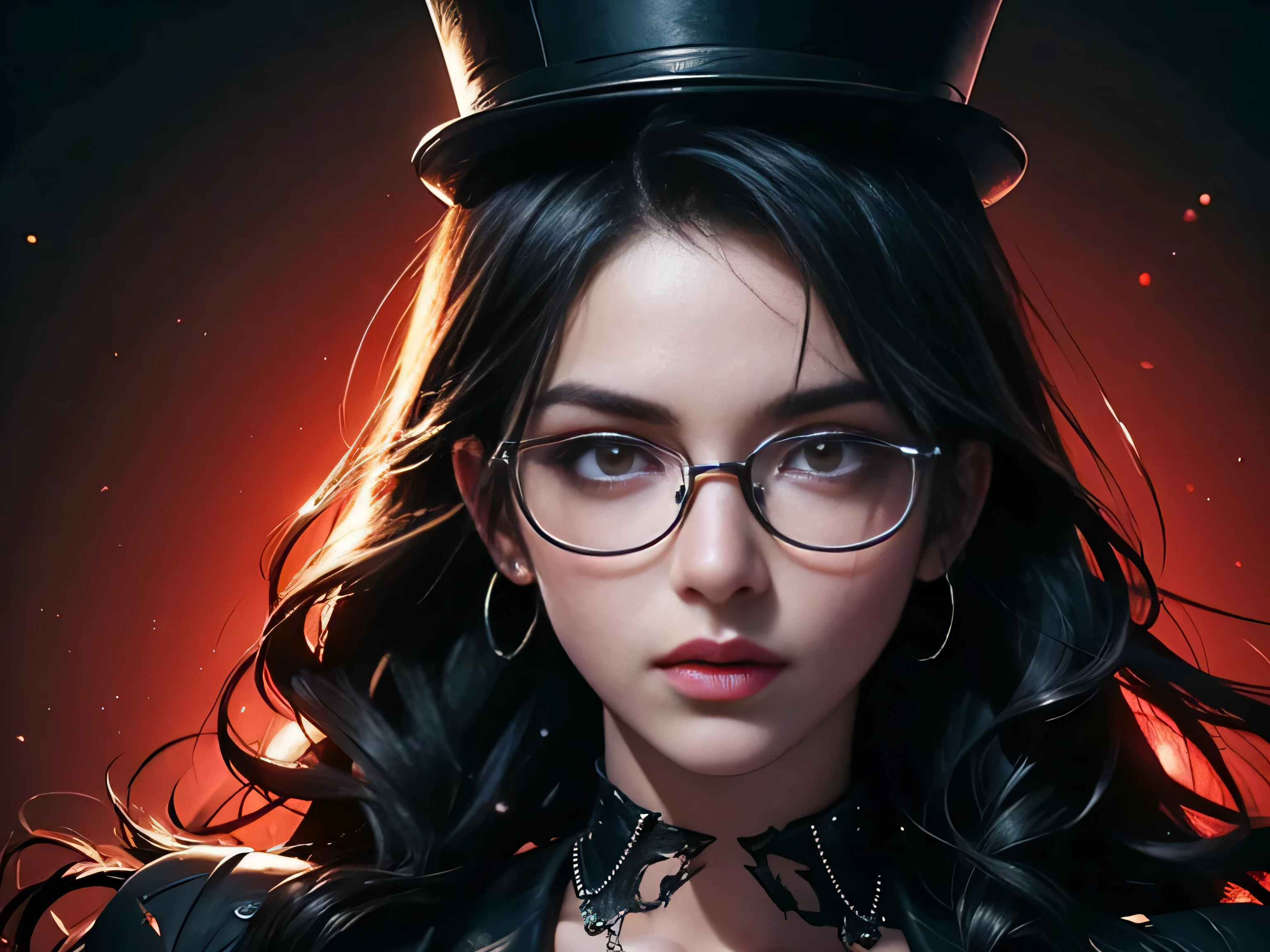 masterpiece, highest quality, (perfect full face:1.5), (high detail:1.1), long straight black hair, soft hair, rounded glasses, top hat, (hyper detailed red eyes), solo, 1guy, long hair, wearing dark luxury gothic suit, (((solo))), photoshootset detailed background, 32k, covered navel, full lips, curvy guy, perfectly drawn face, cinematic lighting, white and red tetradic colors, balenciaga, glitter, 8k character details, high quality anime art, high quality illustration, detailed anime wallpapers, detailed anime art