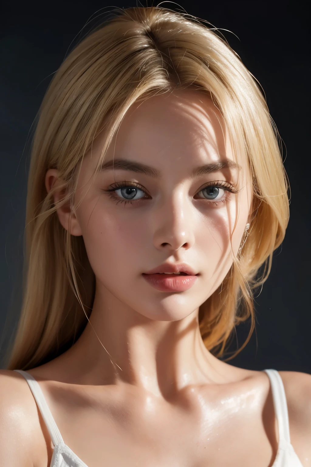 beautiful european blonde woman that looks like mix of margot robbie and ana de armas,  face close portrait, ultra high definition, raw, 8k, cinematic lighting. ultra realistic. skin texture and pores. no make up