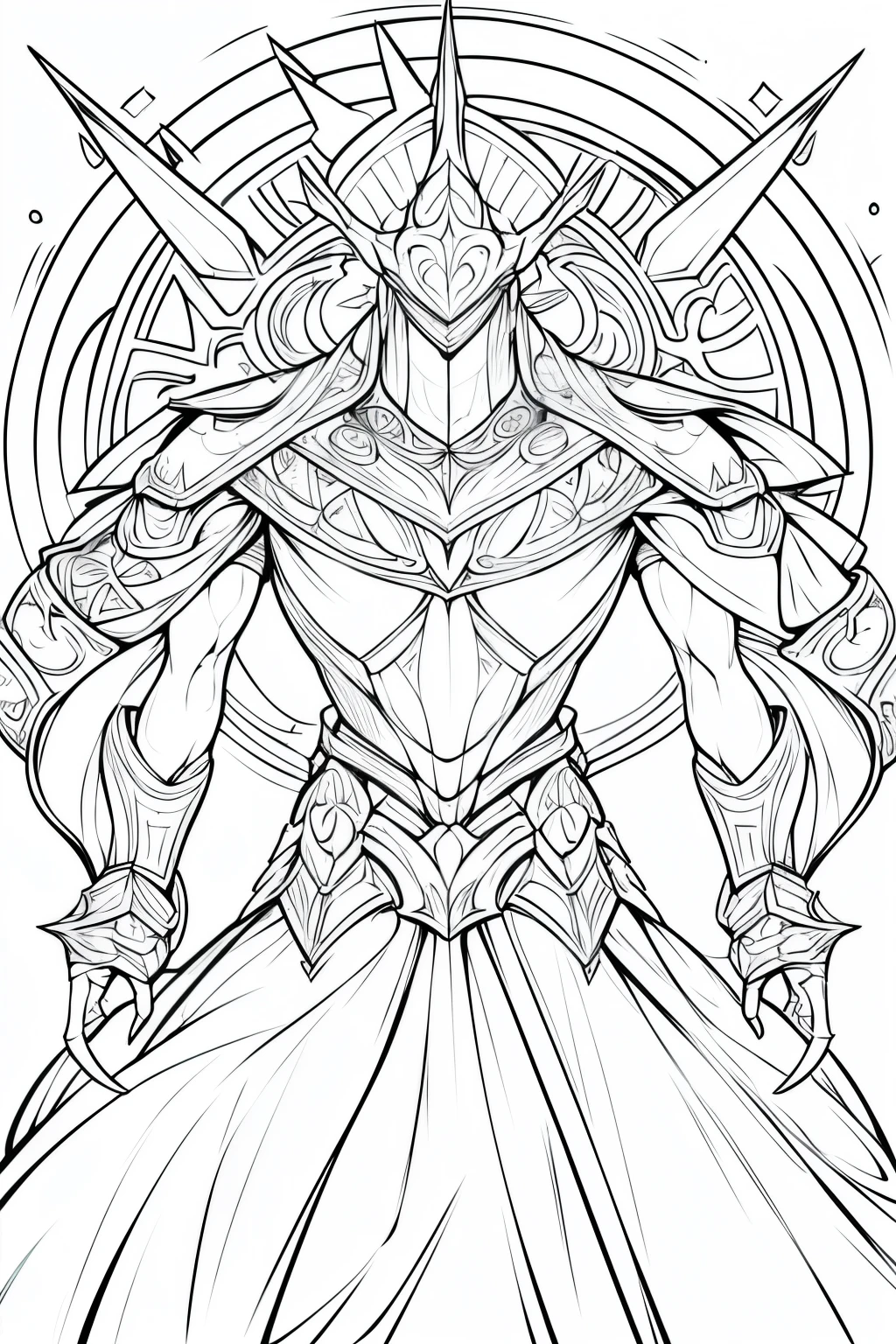Craft a captivating and minimalist coloring page that features an amazing fantasy knight paladin boy. His distinctive style should include sleek, sharp lines and delicate, minimalistic details. With his holy styled armor attire, and spiky, layered hair, he exudes an aura of cool and confident aloofness. The image should take up the entire page, making him the central focus. Keep the surrounding area free from additional elements to maintain a clean and simple composition, leaving plenty of space for artists to express their creativity with color. The charm of this coloring page lies in its simplicity and attention to the stylish features of the goth culture, making it a compelling project for all anime fans