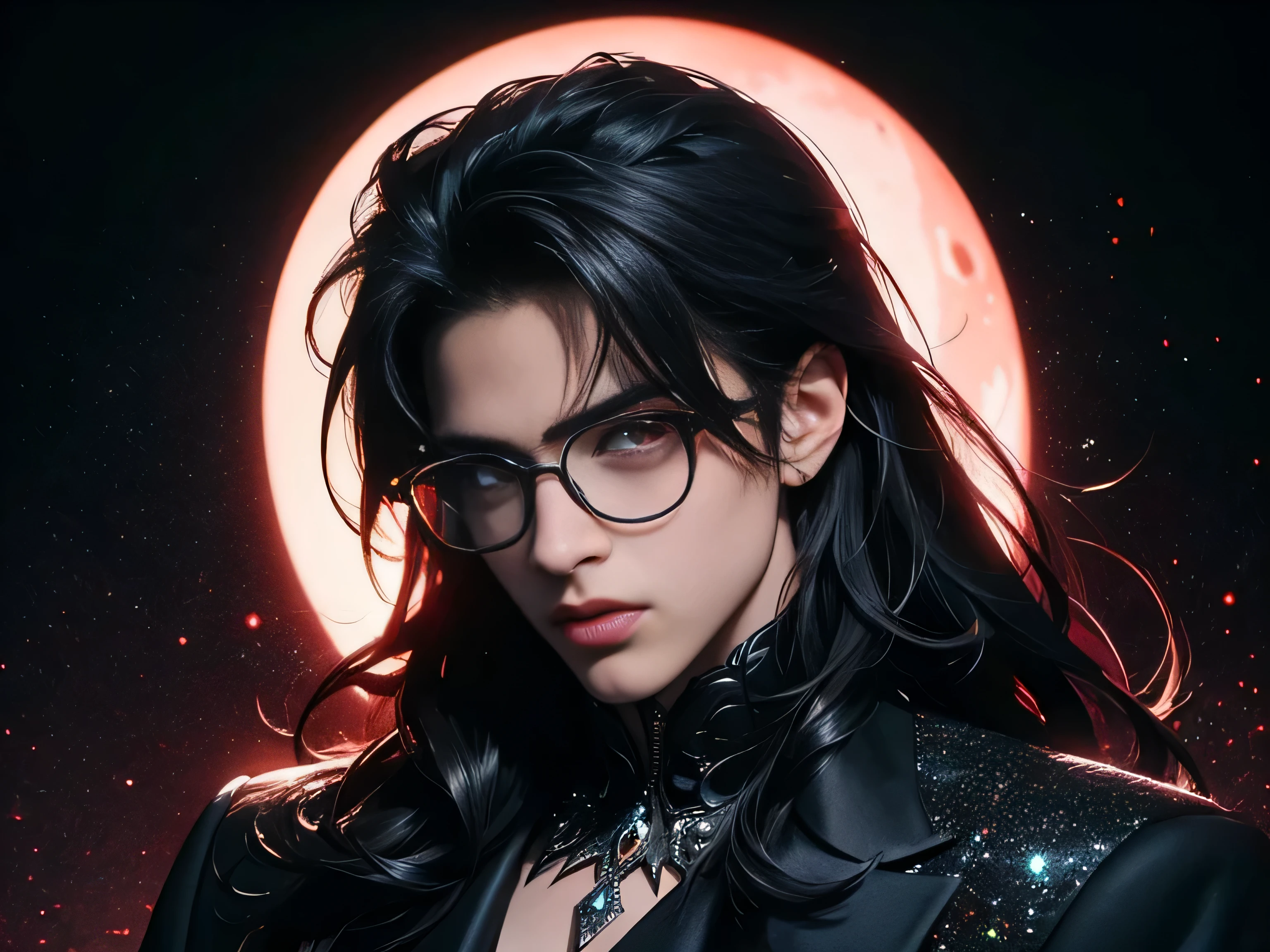 masterpiece, highest quality, (perfect full face:1.5), (high detail:1.1), (((guy))), long straight black hair, soft hair, rounded glasses, top hat, (hyper detailed red eyes), solo, (((1guy))), long hair, wearing dark luxury gothic suit, (((solo))), photoshootset detailed background, 32k, covered navel, full lips, (((curvy guy))), perfectly drawn face, cinematic lighting, white and red tetradic colors, balenciaga, glitter, 8k character details, high quality anime art, high quality illustration, detailed anime wallpapers, detailed anime art