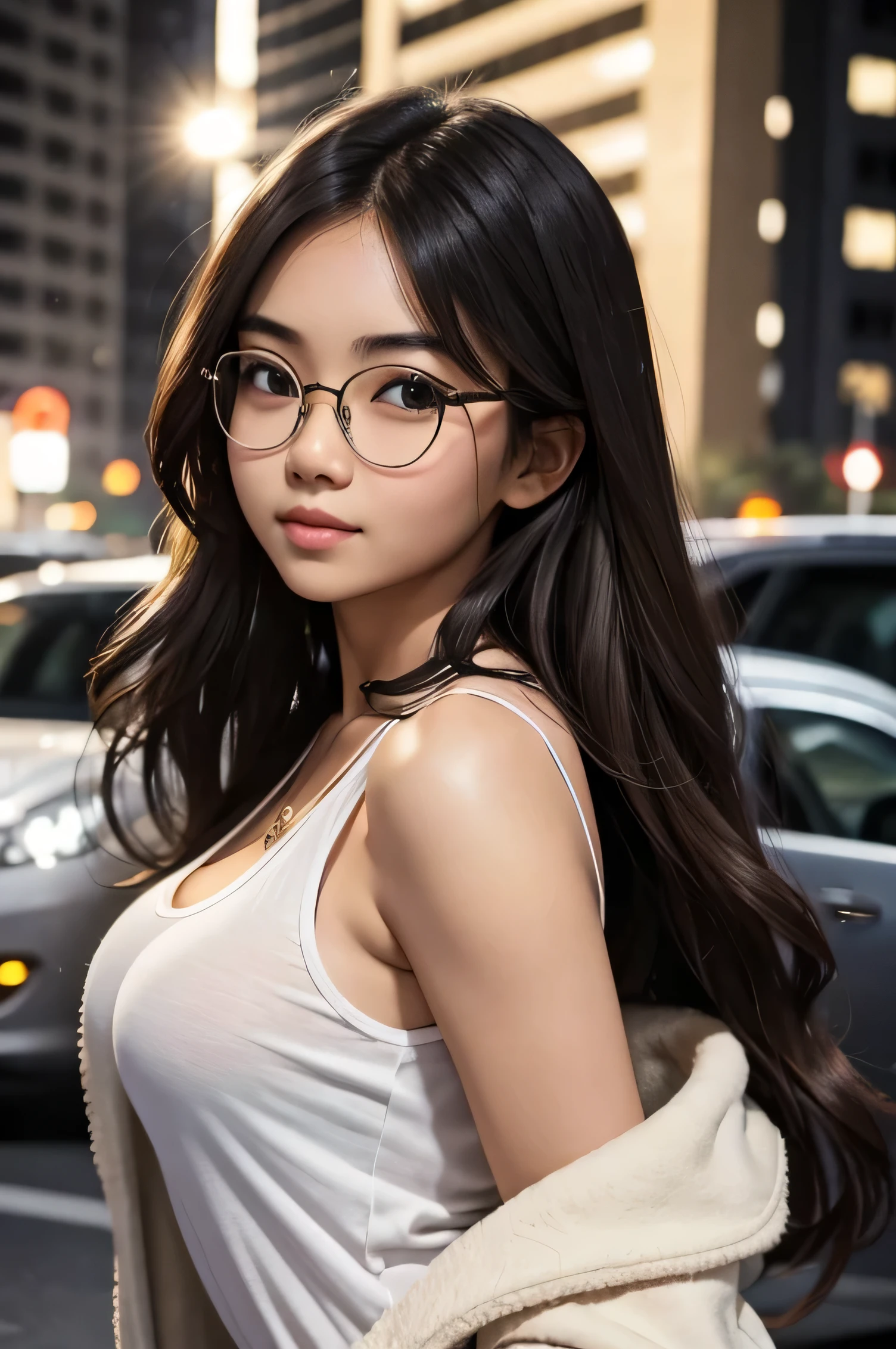 detailed face of half body photo. 25 year old Indonesian girl with a sweet face, big round face and long brown wavy hair, round glasses, wearing a black tank top without straps and in a white coat with an exposed chest Take a photo in the parking lot of a luxury building with a sexy and seductive pose and low light lighting, take a photo from the side and show off your charming thighs