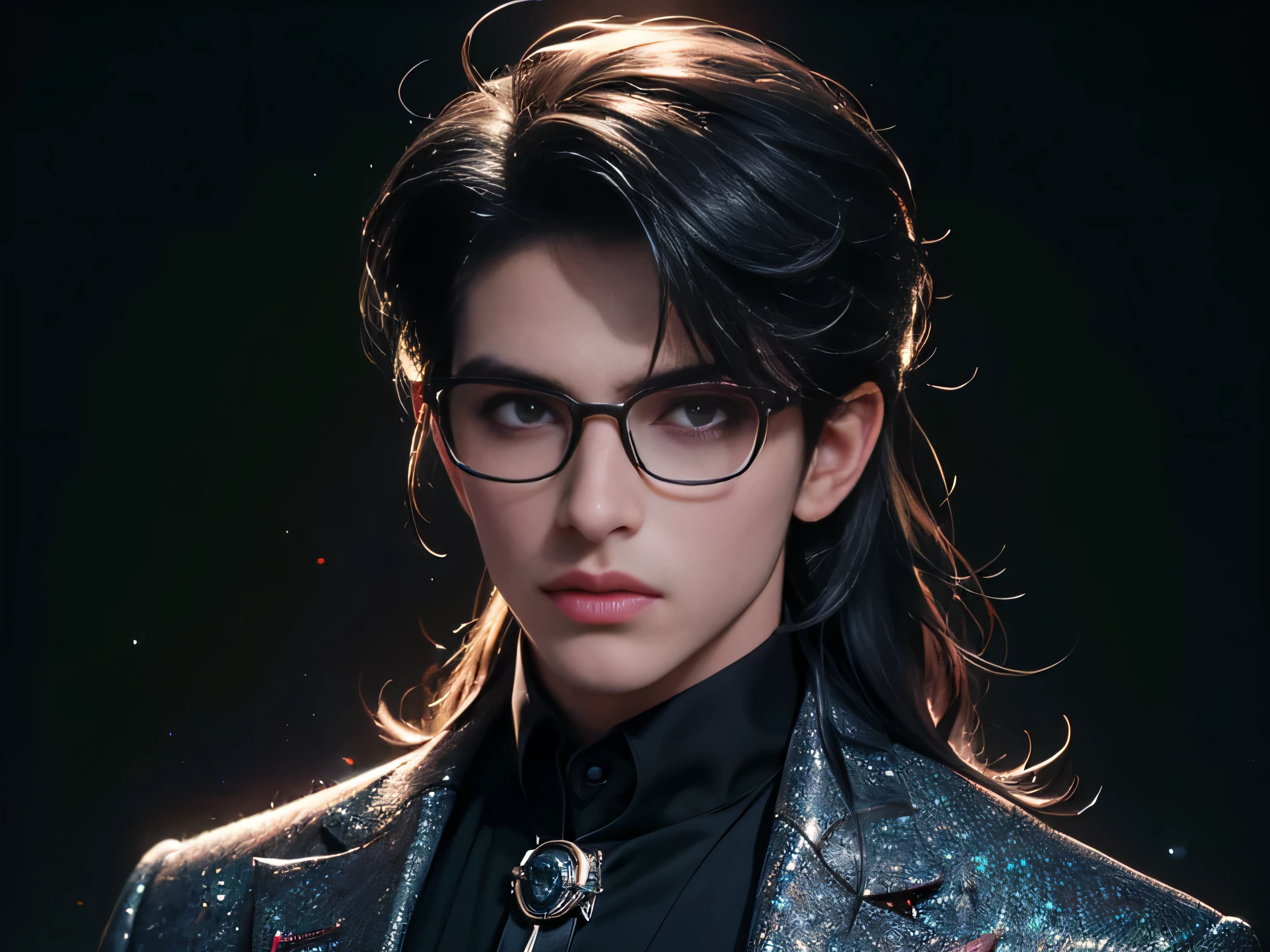 masterpiece, highest quality, (perfect full face:1.5), (high detail:1.1), (((guy))), long straight black hair, soft hair, rounded glasses, top hat, (hyper detailed red eyes), solo, (((1guy))), long hair, wearing dark luxury gothic suit, (((solo))), photoshootset detailed background, 32k, covered navel, full lips, (((curvy guy))), perfectly drawn face, cinematic lighting, white and red tetradic colors, balenciaga, glitter, 8k character details, high quality anime art, high quality illustration, detailed anime wallpapers, detailed anime art