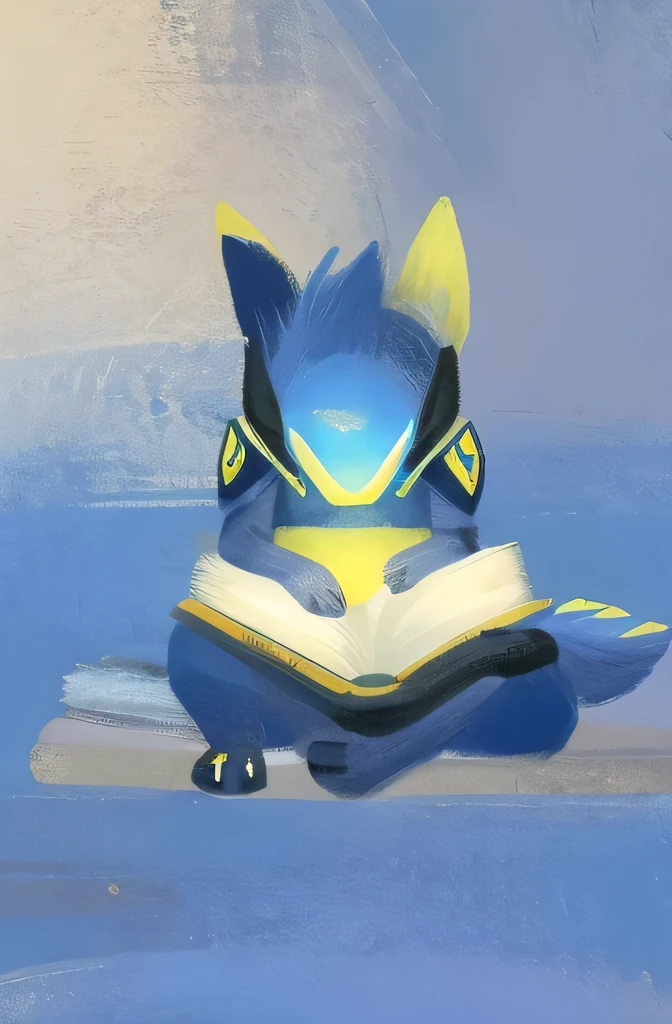Draw a small Protogen, with blue and white primary colors suggesting armor or safety skin. This Protogen is sitting, facing his left side at a 55° angle, and is focused on a book. The book must cover most of its body, leaving only its head (and its characteristic elements), its front legs with three toes, and part of its shoulder visible. Make sure the paws and pads are visible. The style of the drawing should be stylized and detailed, but not realistic, with clear lines that differentiate the parts of the drawing. It is not necessary to include a background.