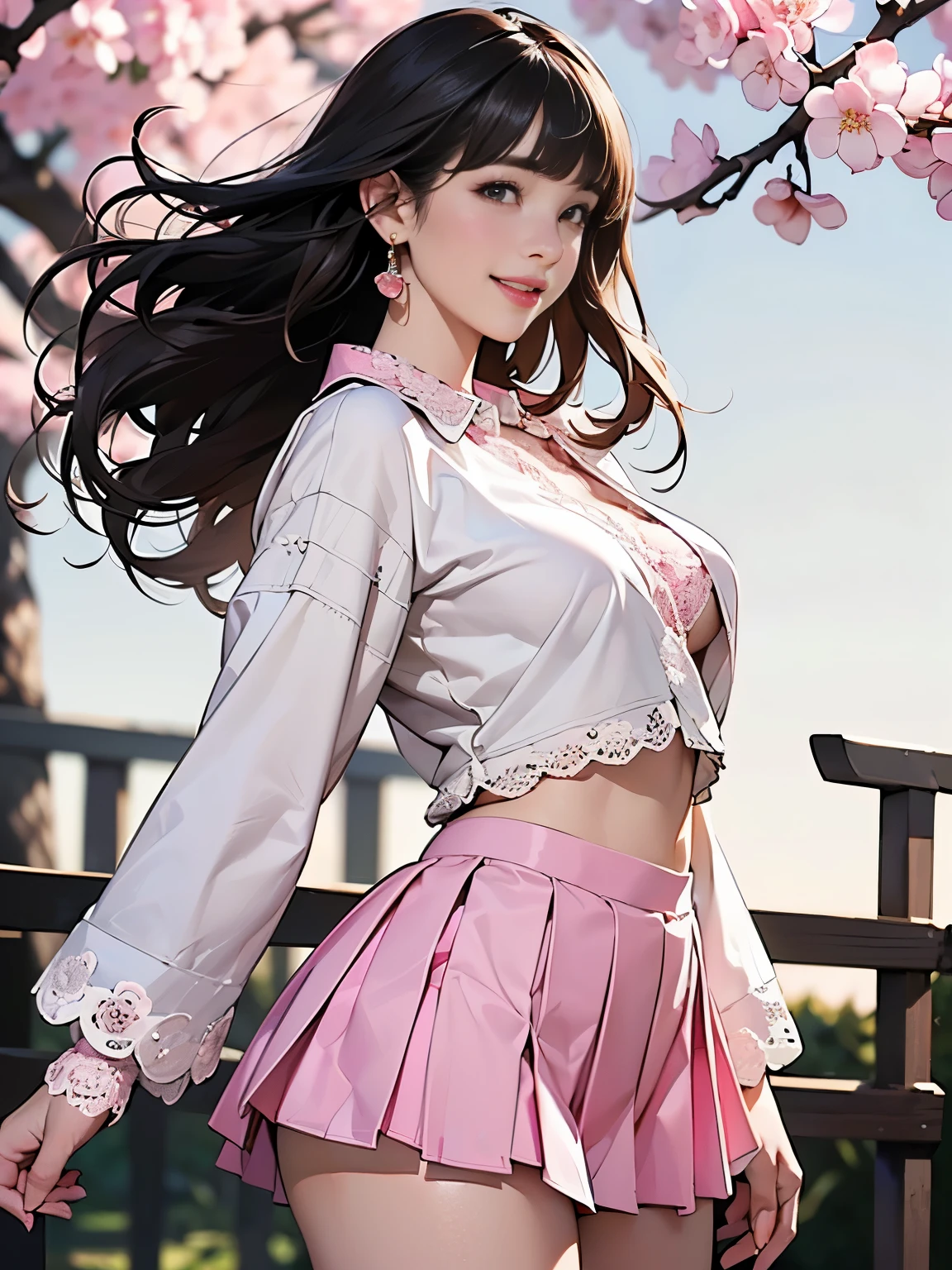 ((((highest quality))))、(((Ultra-precision CG16K wallpaper)))、(((masterpiece)))、(((Super detailed)))、(((Extreme detail)))、((1Mature 29 year old woman:1.5))、((Very beautiful Japanese faces))、((Shiraishi:1.5))、((Straight Heian period hairstyle、Hanging Hair、blunt bangs:1.5))、(Shiny brown hair)、Beautiful delicate eyes、eyeliner、eye shadow、Brown eyes、High nose、Small nostrils、Small Mouth、Seductive lips、Beautiful breasts、((C cup size breasts))、Cleavage、Voluptuous body、eight-headed body、Perfect proportions、Perfect Anatomy、Perfect composition、Beautiful detailed shading、Beautiful, natural lighting、Beautiful detail glow、Depth of written boundary、(((High chroma)))、(((Real:1.9)))、((vivid:1.5))、((Beautiful Skin))、((Skin Texture))、((Realな皮膚感))、(((thigh-high cowboy shot:1.6)))、((Front view、Front low angle:1.6))、((Shy laugh:1.8))、(The woman is facing this way:1.5)、Bright daylight、Natural light、(((Cherry blossom trees:1.3)))、(Standing pose:1.5)、(((White collared long sleeve lace crop shirt、Pink pleated mini skirt:1.6)))、((Earrings、Wearing a necklace:1.3))、(((Hair blowing in the wind:1.6)))、
