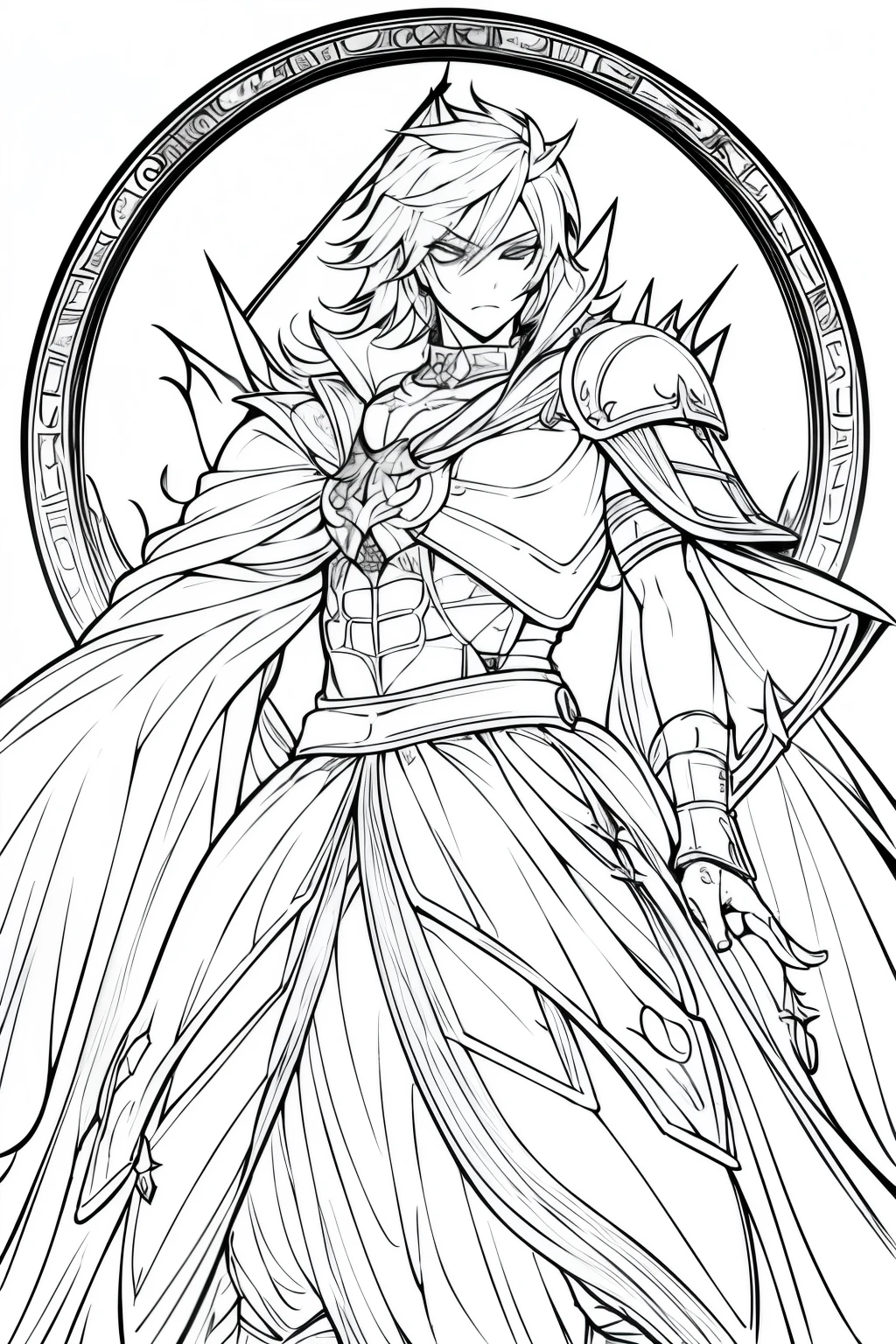 Craft an enchanting coloring page featuring a captivating fantasy knight paladin  boy. His sleek and sharp appearance, adorned in holy-styled armor attire, exudes an aura of cool confidence. With spiky, layered hair and minimalistic details, he stands as the epitome of gothic charm. The central focus of the page, he is surrounded by clean, empty space, inviting artists to unleash their creativity with color. This minimalist design captures the essence of goth culture, appealing to anime fans seeking stylish simplicity.