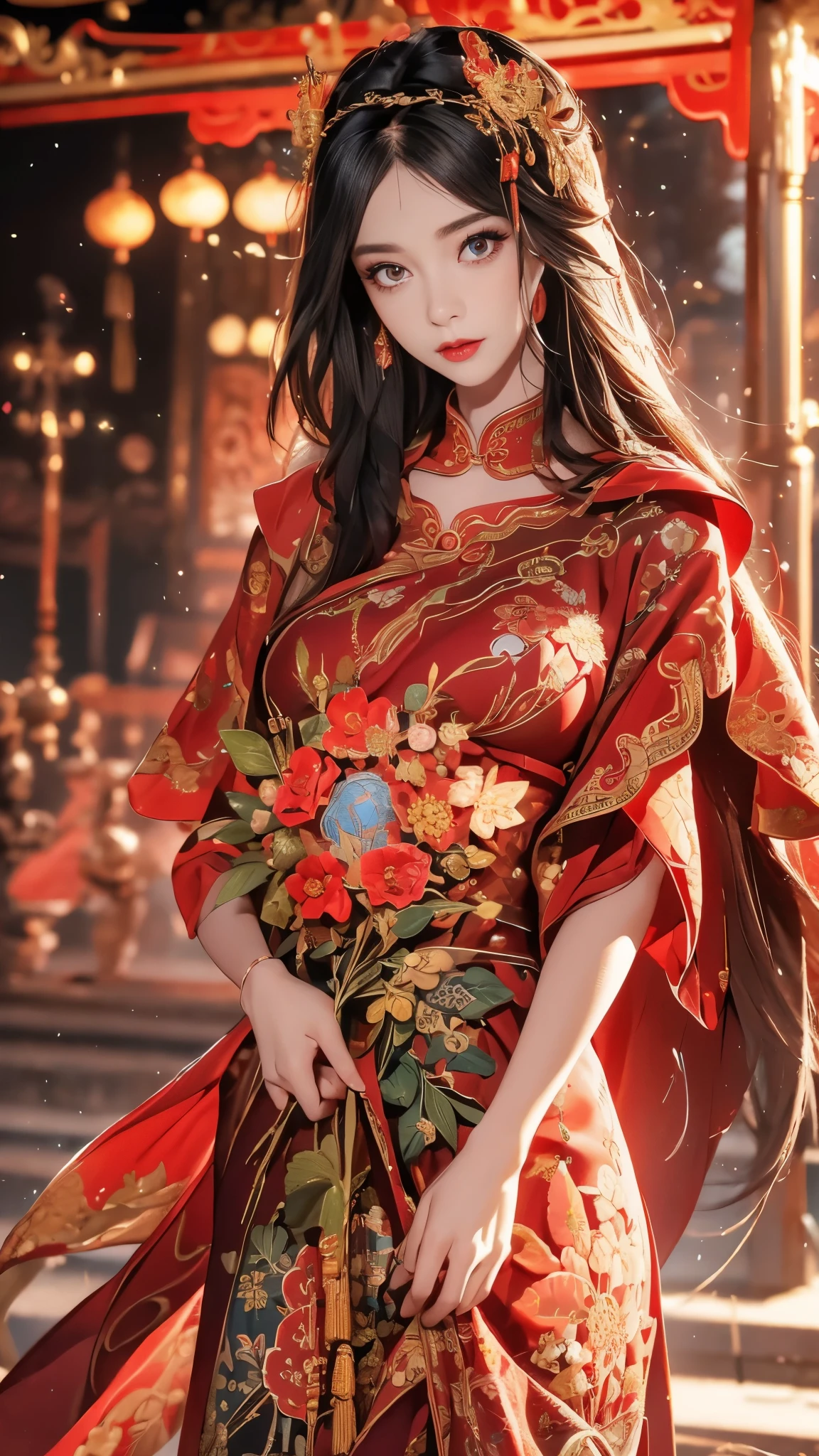 1 female,20 years old,center, She has long black hair,Red lips,Perfect thighs,(Keep your eyes on the camera:1.5),stand up,night,wooden pavilion,Chinese Palace,From the front, curls,Hair flying, Gloomy sky,(((masterpiece),(Highly detailed CG Unity 8k wallpaper),best quality,Movie Lighting,Detailed background,Beautiful right eye pupil,(Very delicate and beautiful),(Beautiful and detailed description of the eyes),Extremely detailed,masterpiece,)),high resolution,Extremely detailed),queen of china(apparel:,Gold wire embroidery,Red cheongsam,Lace,Red cape),
