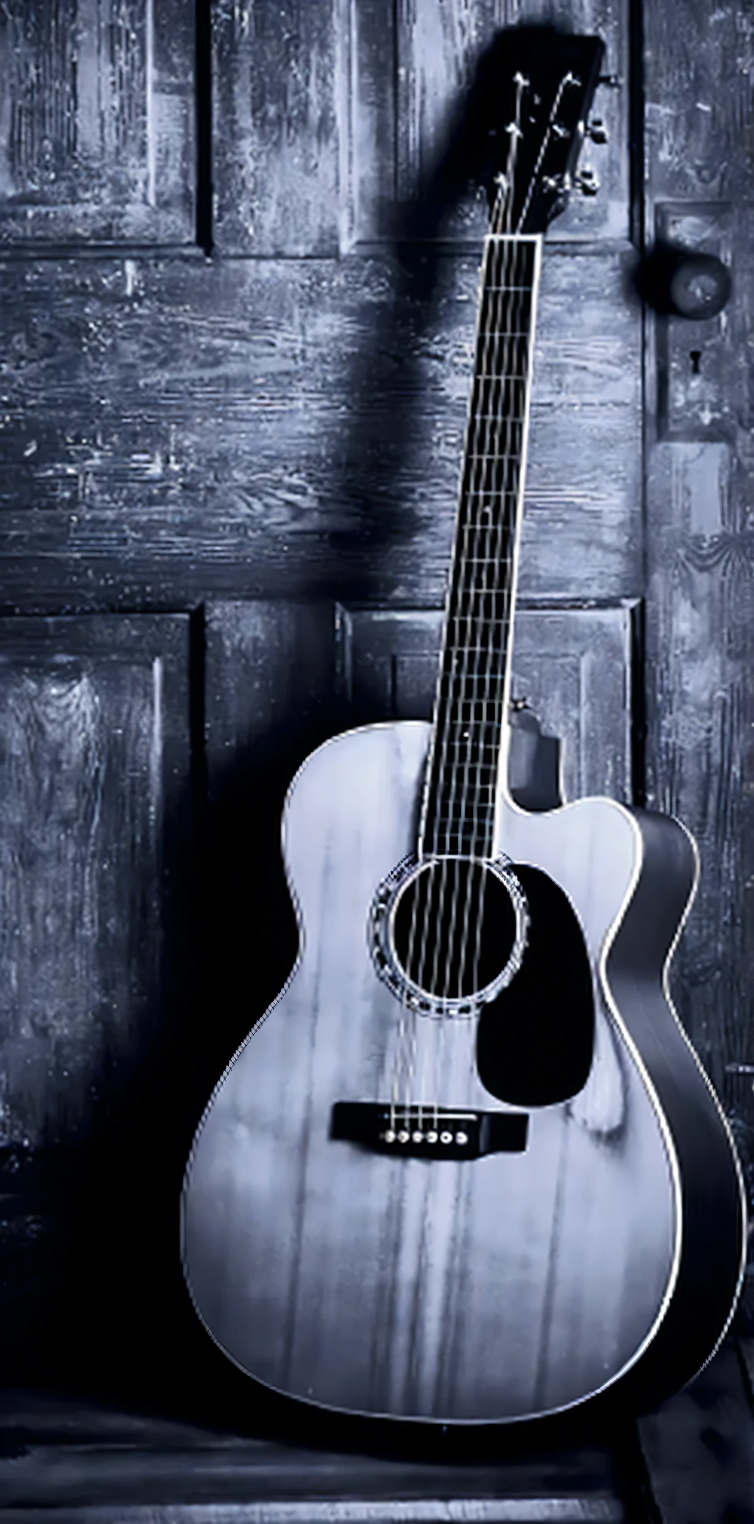 there is a guitarra that is sitting on a shelf in front of a door, Violãora, classical guitar, acoustic information, cantor compositor, instrumento musicals, cantor - compositor, fotografia aproximada, instrumentos musicais, guitarra, em um fundo escuro, instrumento musical, album photo, instrument, tema musical, papel de parede - 1 0 2 4, an instrument, music video, rectangle