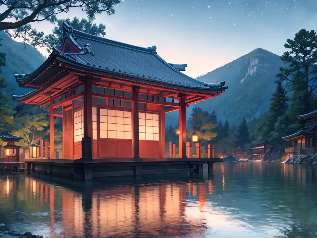 Nightscape inspired by Japanese art, 提灯で照らされた庭園と静かな湖にかかるwood製の橋がある. The starry sky is reflected on the water surface, create a magical environment. On the shores of the lake, There is a small Zen temple lit by candles., people々A place where people come to meditate. wood々The leaves sway gently in the wind, Creates a calm and relaxed atmosphere.