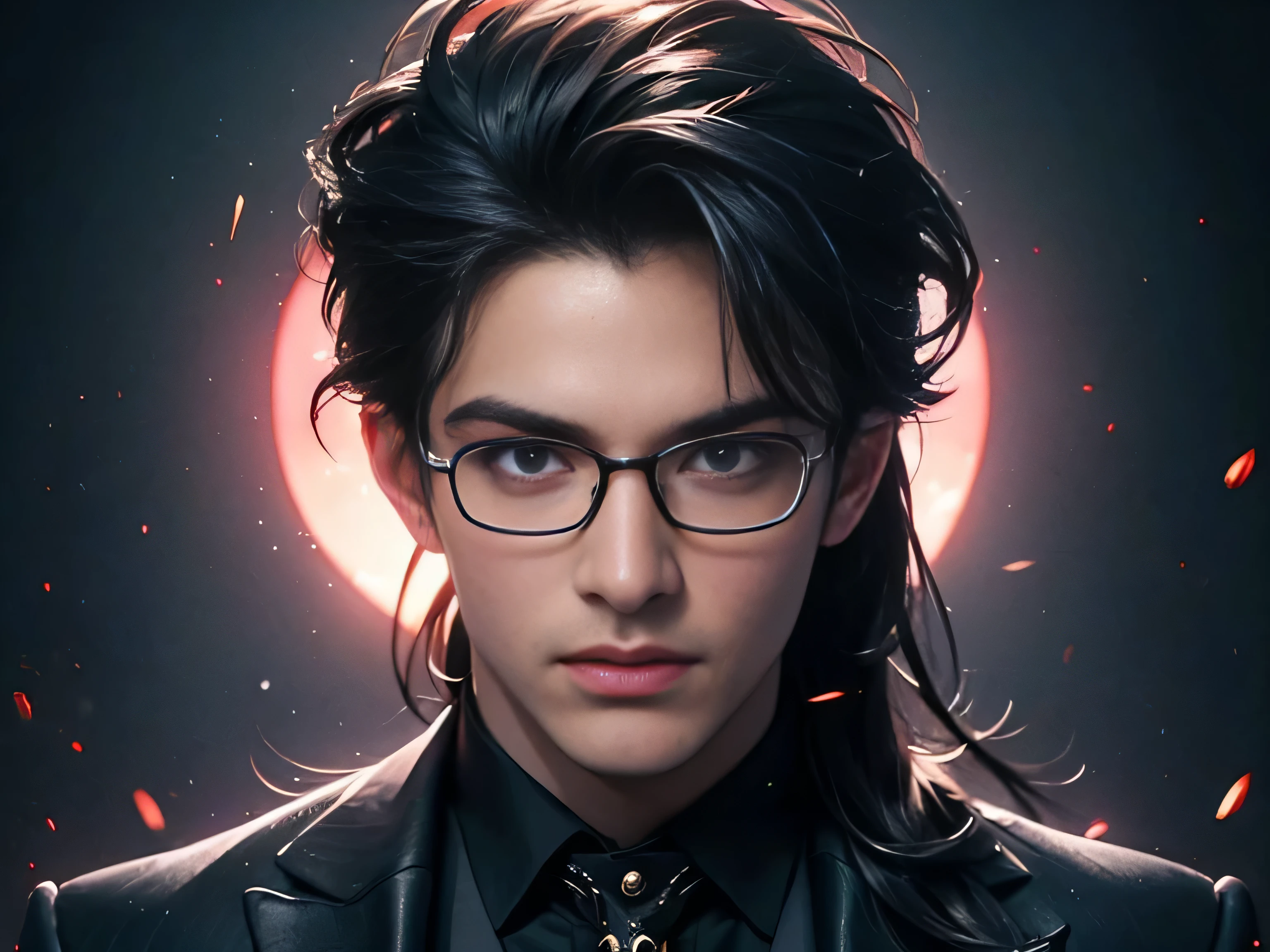 masterpiece, highest quality, (perfect full face:1.5), (high detail:1.1), (((guy))), long straight black hair, soft hair, rounded glasses, top hat, (hyper detailed red eyes), solo, (((1guy))), long hair, wearing dark luxury gothic suit, (((solo))), photoshootset detailed background, 32k, covered navel, full lips, (((curvy guy))), perfectly drawn face, cinematic lighting, white and red tetradic colors, 8k character details, high quality anime art, high quality illustration, detailed anime wallpapers