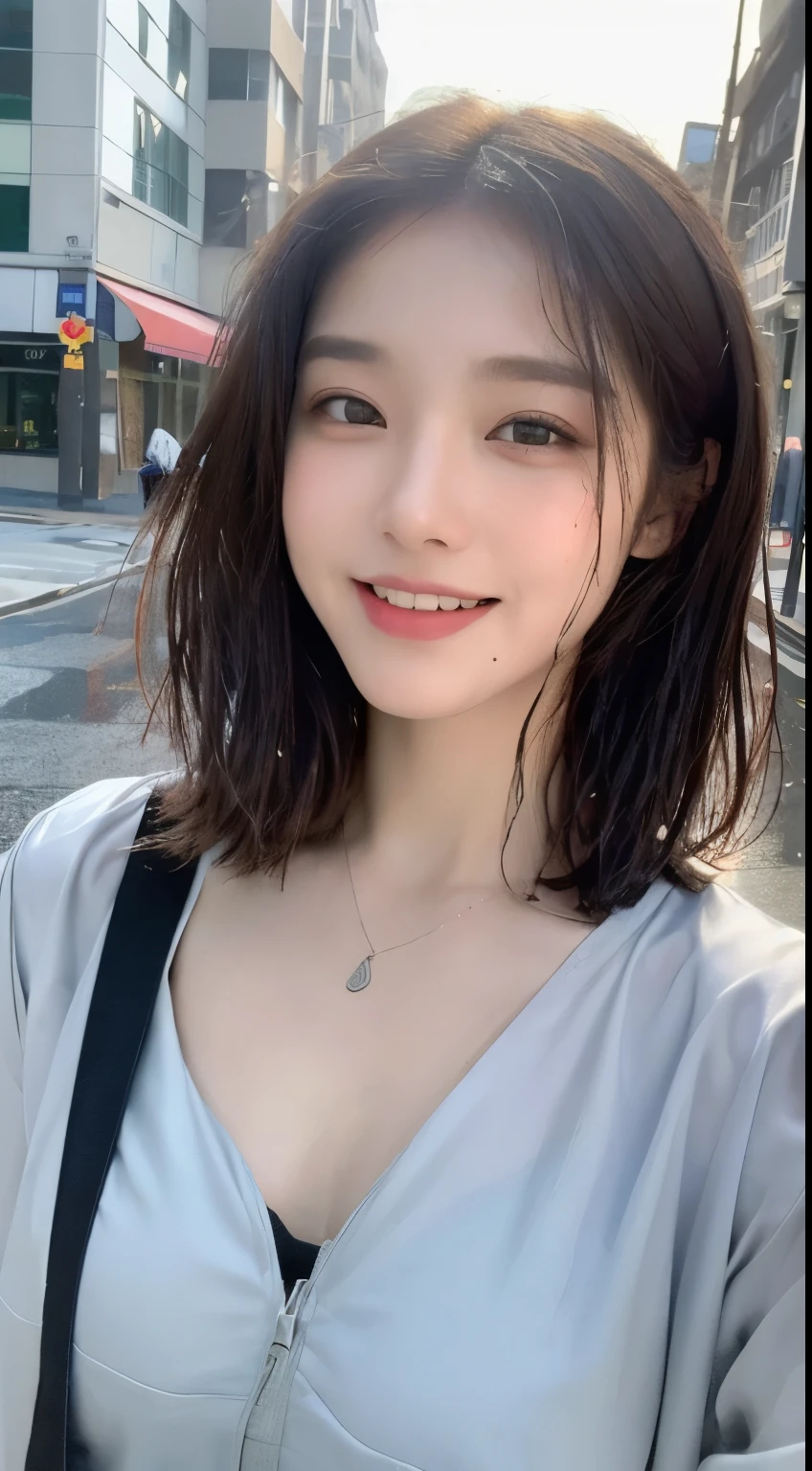 ((highest quality, 8k, masterpiece:1.3)), concentrated: 1.2, Perfect body beauty: 1.4, Hips: 1.2, ((Layered Haircut, chest: 1.2)), (Wet clothes: 1.1), (rain, street:1.3), Bandeau dress: 1.1, Highly detailed face and skin texture, Beautiful Eyes, double eyelid, Whitening skin, Long Hair, (shut up: 1.3), smile