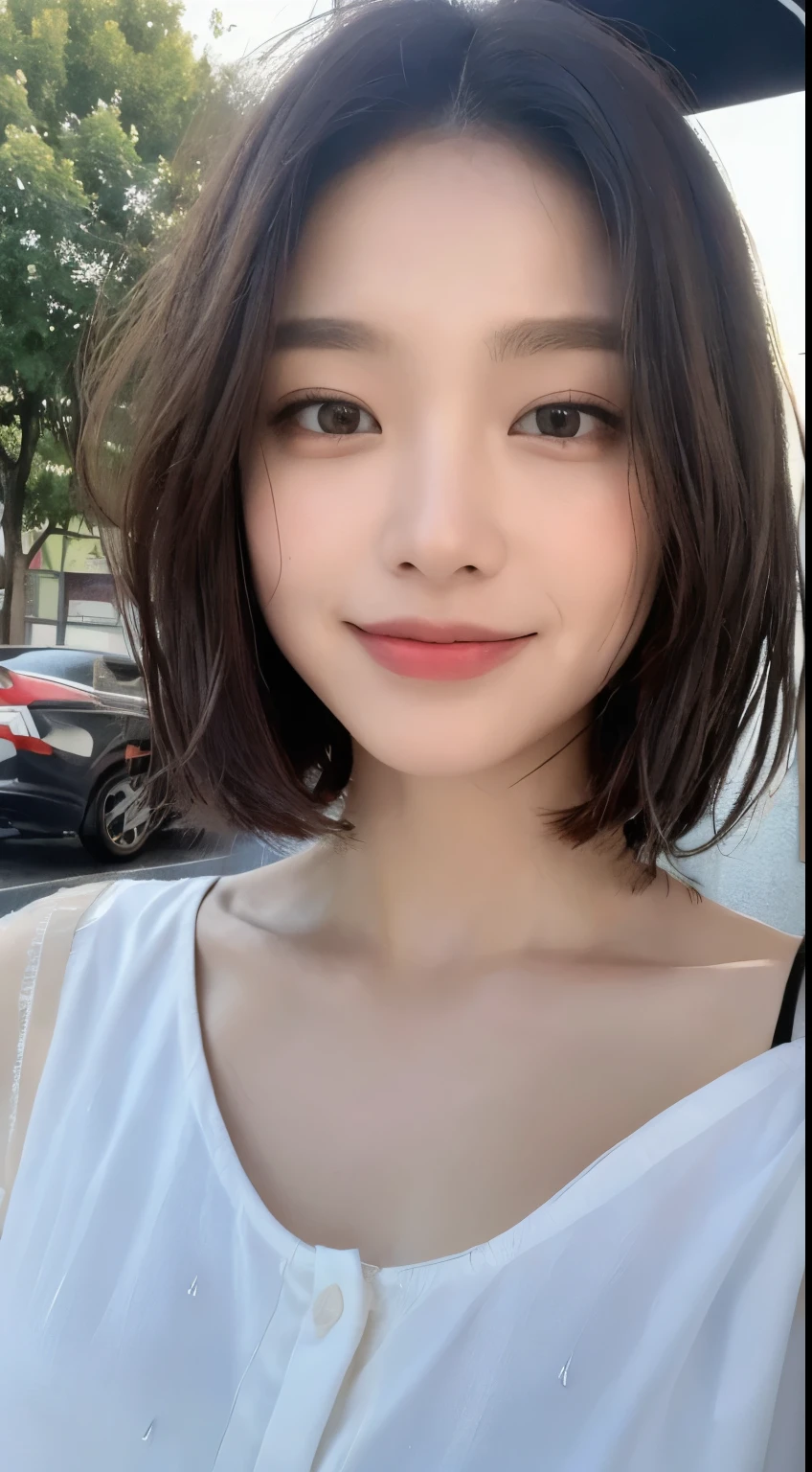 ((highest quality, 8k, masterpiece:1.3)), concentrated: 1.2, Perfect body beauty: 1.4, Hips: 1.2, ((Layered Haircut, chest: 1.2)), (Wet clothes: 1.1), (rain, street:1.3), Bandeau dress: 1.1, Highly detailed face and skin texture, Beautiful Eyes, double eyelid, Whitening skin, Long Hair, (shut up: 1.3), smile