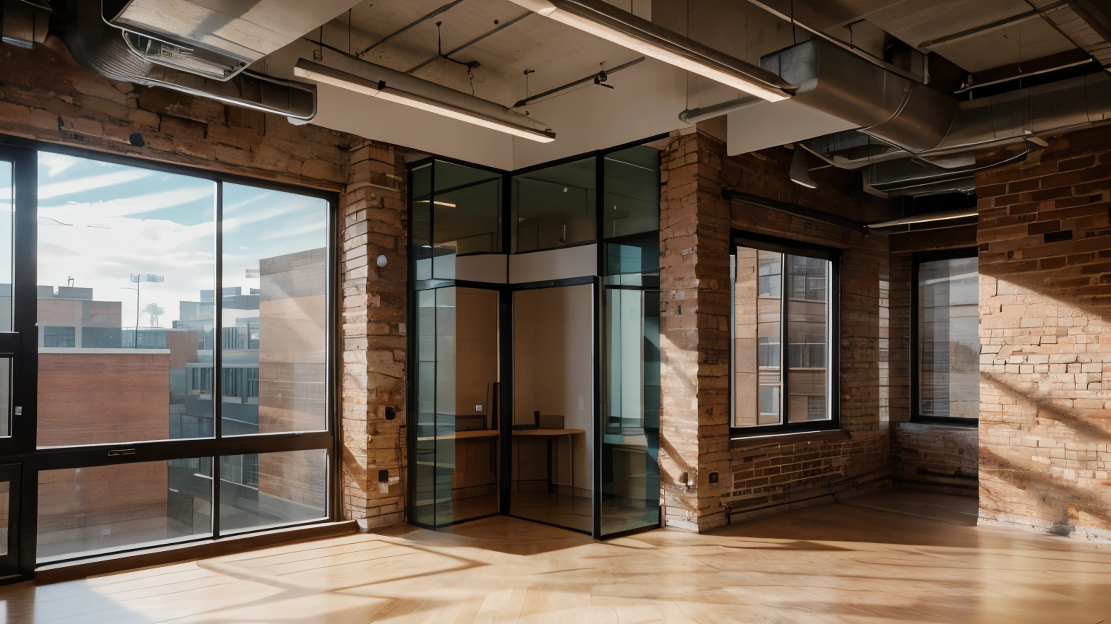 modern office, brick wall, high ceilings, glass wall, technology, nobody, macbbok, natural light,
lamp stand, away from wall, corner view, 8k, 16:9 aspect ratio