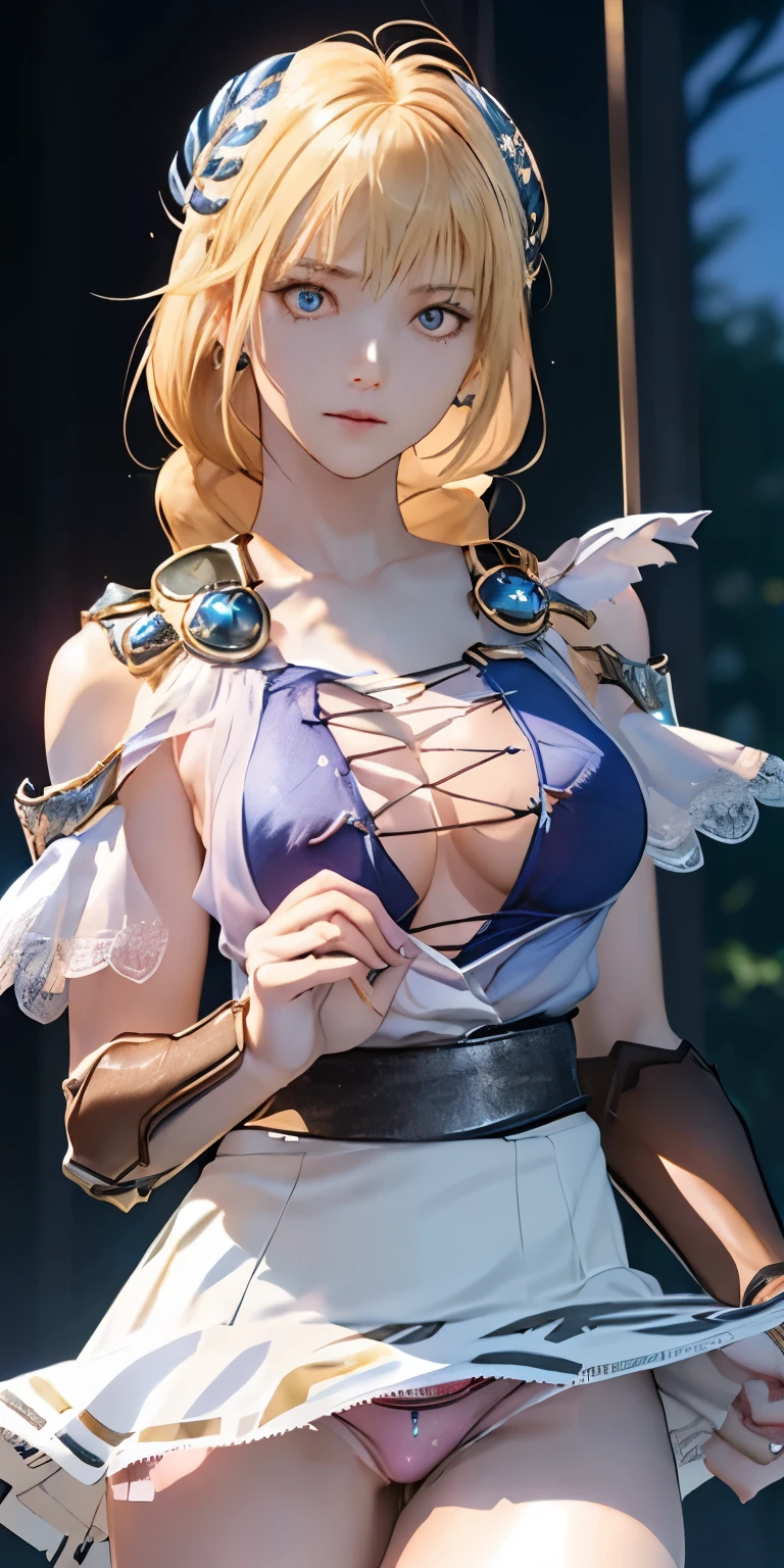 (masterpiece, best quality:1.3), Sophitia Alexandra, Soul Calibur, (upper body:1.5), anime, intricate detail, japanese style, 28 years old, look at viewer, gold hair, braid hair, (evil look:1.5), (empty eyes, simple eyes, glowing red:1.5), (showing panties, skirt lift by herself:2.0), (ruins blessed by the god Hephaestus, filled with a mystical air, beautiful stars spread out in a mysterious arrangement in the dark midnight:1.2),