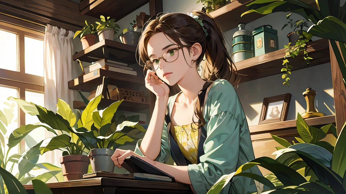 Best image quality, High resolution, 8k, Realistic expression of every detail, Photorealism. In a room with natural light, A desk is carefully placed in the middle of a miniature jungle.. The shelves are overflowing with clay pots., Each has different types of medicinal plants.. At the heart of this domestic ecosystem, An 18-year-old woman focuses on her work. Her name is Leslie, A botanist with a passion for plant diversity and medicinal secrets. Her brown hair is pulled back in a casual ponytail., A few wavy strands of hair framed her face.. Behind her round glasses, Her green eyes sparkle with insatiable curiosity.. Wearing a simple floral dress, She seems completely at home amongst her precious plant discoveries.. Each plant is a puzzle to solve, Every leaf has a story. For her, A desk is more than just a place to work; That&#39;s her lab., Her sanctuary, Her Playground. Her nimble fingers carefully manipulate the leaves and petals., She is pensive, Imagine the endless medical possibilities these plants could bring. but、Behind her outward calm、A fierce determination is hidden. For Leslie, The plant kingdom has many secrets yet to be discovered, And she&#39;s ready to discover them, One plant at a time.