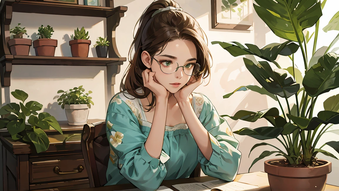 Best image quality, High resolution, 8k, Realistic expression of every detail, Photorealism. In a room with natural light, A desk is carefully placed in the middle of a miniature jungle.. The shelves are overflowing with clay pots., Each has different types of medicinal plants.. At the heart of this domestic ecosystem, An 18-year-old woman focuses on her work. Her name is Leslie, A botanist with a passion for plant diversity and medicinal secrets. Her brown hair is pulled back in a casual ponytail., A few wavy strands of hair framed her face.. Behind her round glasses, Her green eyes sparkle with insatiable curiosity.. Wearing a simple floral dress, She seems completely at home amongst her precious plant discoveries.. Each plant is a puzzle to solve, Every leaf has a story. For her, A desk is more than just a place to work; That&#39;s her lab., Her sanctuary, Her Playground. Her nimble fingers carefully manipulate the leaves and petals., She is pensive, Imagine the endless medical possibilities these plants could bring. but、Behind her outward calm、A fierce determination is hidden. For Leslie, The plant kingdom has many secrets yet to be discovered, And she&#39;s ready to discover them, One plant at a time.