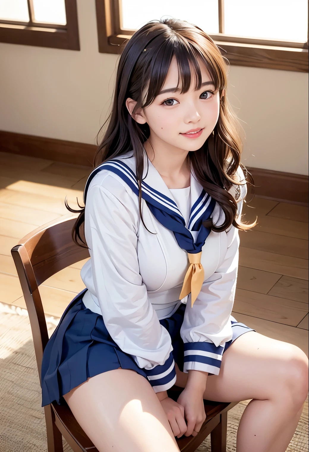 (highest quality,masterpiece:1.3,Ultra-high resolution),(Very detailed、Caustics) (Realistic:1.4, RAW shooting)、Ultra-realistic photos、Very detailed、Natural skin texture、masterpiece、( high school sailor suit:1.3)、1 Japanese girl、Adorable expression、Expressions of happiness、14 yea face、Amazingly cute、Twin tails、Black Hair、Curly Hair、Scrunchie、light makeup、Breasts so big that they almost burst、This photo was taken inside the cottage.、Sit on a chair、Spread your legs wide apart、White panties、Shining thighs、smile、An inviting gaze、The exact number of fingers on each hand、