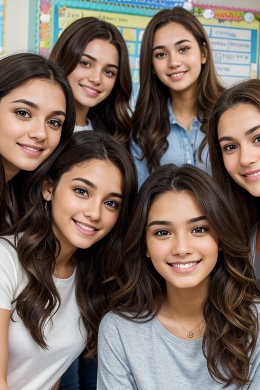 friends group highlights wearing a casual clothes, highly detailed, 22 years old, innocent face, natural wavy hair, hazel eyes, Beauty 5 people, 5 people beauties, Casual clothes, A hyper-realistic, Smiling expression, classroom hiquality, Friends group, Nikon, Canon, Fujifilm, HD, 4K, 8k