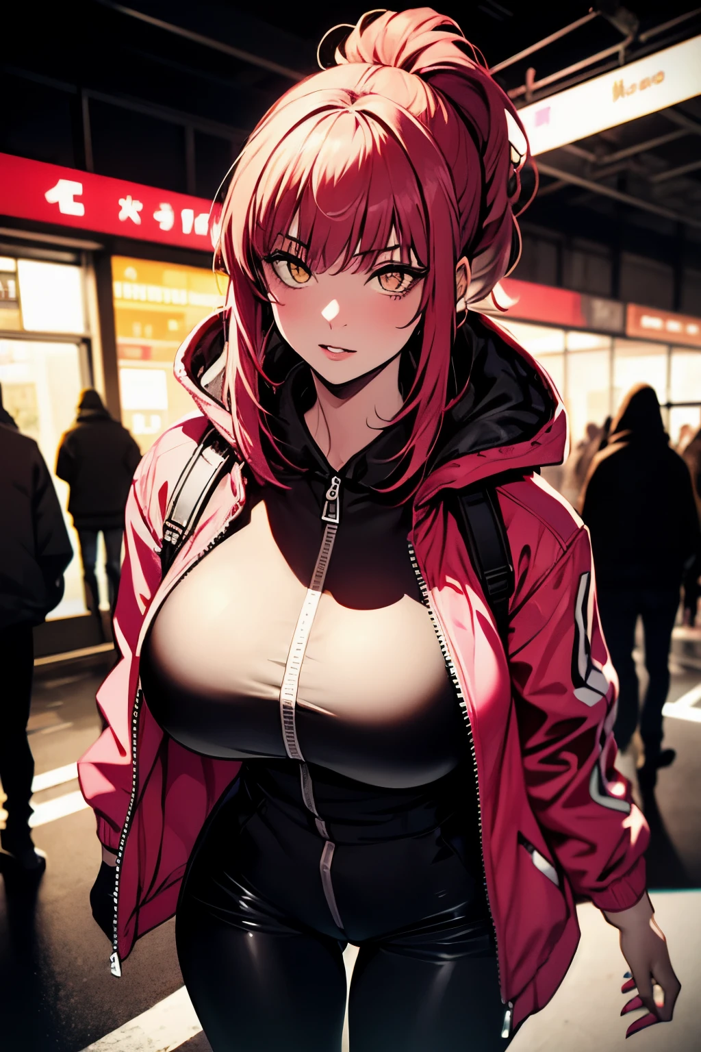 A stunning image of a scared and embarrassed redheaded woman, hair in a ponytail, her bright eyes super detailed, full lips painted red, chiseled physique and wide hips. She wears a closed black leather jumpsuit, whose shiny surface accentuates her shape. A windbreaker with a hood and a neon pink interior covers your shoulders. Walking down a busy street, she attracts glances from onlookers. This image exudes realism, capturing the essence of a fragile and embarrassed figure. Digital art, high definition and photorealistic technique