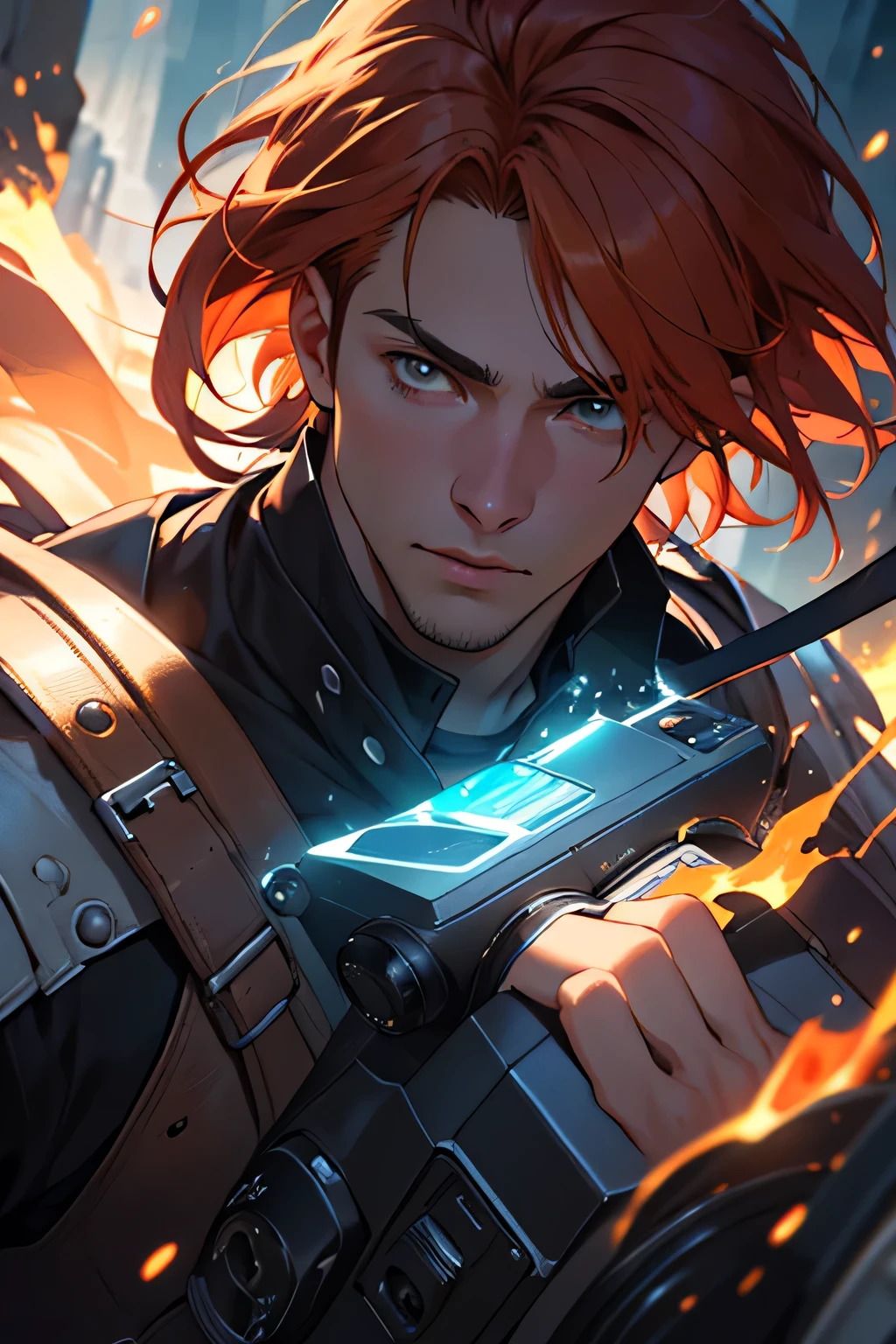 (man:1.5), (Orange hair male, sorcerer, fire prince, brown red hair), (upper body), Cinematic lighting, Detailed symmetrical realistic face, Auburn Cabelo, master part, disparate, Nikon D850 Fotografia de Stock, Kodak Portra 400 F1.6 Lens camera, extremamente detalhado, Amazing, detalhes finos, textura hiper realista, dramatic lighting, alta qualidade, Full Resolution, sharp focus, extremamente detalhado, Cinematic lighting, 8k UHD