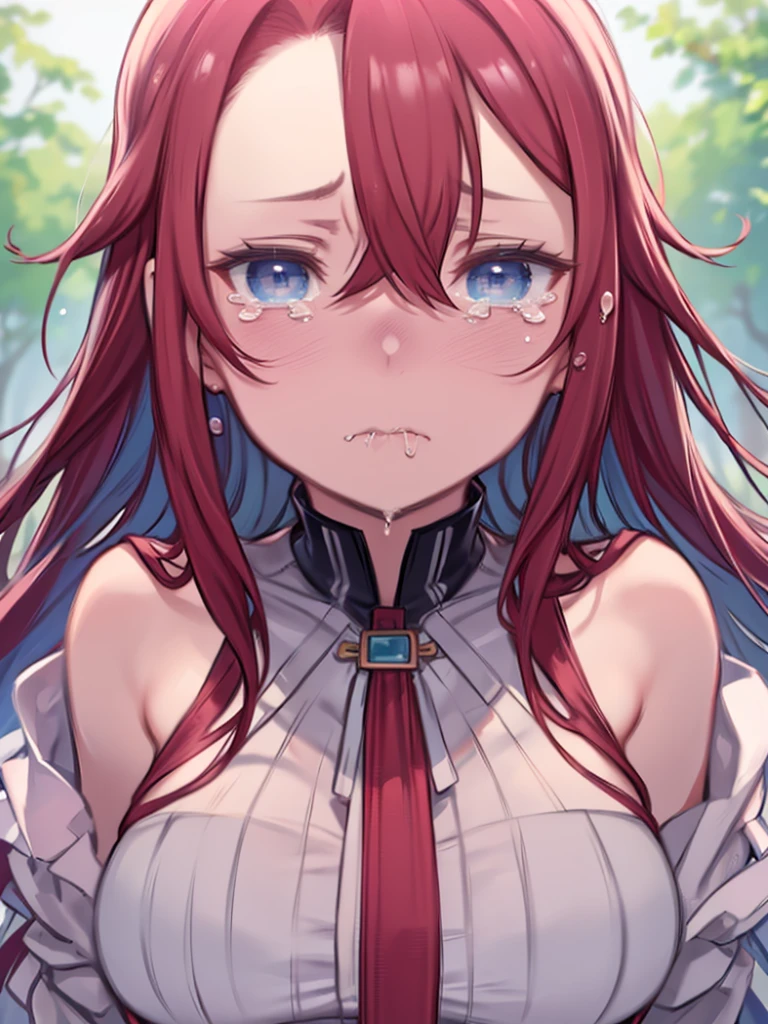 masterpiece,highest quality,High resolution,Very detailed、Close-up of face、Mature Woman、(aty, long hair、blue eyes, red hair、Hair between the eyes)、Big Breasts、Huge breasts、clavicle、Troubled face、Are crying、(((tears、Saliva、snot)))、(((Mouth wide open)))