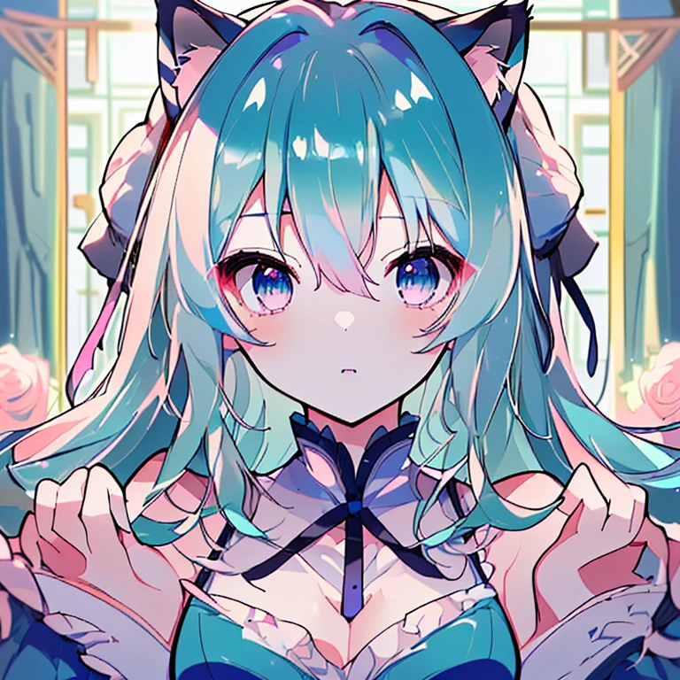 (High resolution,highest quality,Super detailed,masterpiece,wonderful,Attention to detail)Aqua Hair,Light blue hair,Long Hair,Curly Hair,Pink Eyes,rose,****ta,Attach a ribbon,Cinema Lighting,thought,gorgeous,Cat ear,gem,Bust-up perspective