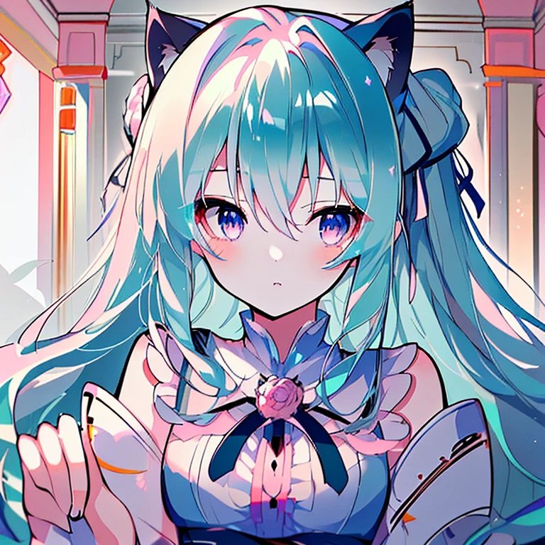 (High resolution,highest quality,Super detailed,masterpiece,wonderful,Attention to detail)Aqua Hair,Light blue hair,Long Hair,Curly Hair,Pink Eyes,rose,****ta,Attach a ribbon,Cinema Lighting,thought,gorgeous,Cat ear,gem,Bust-up perspective