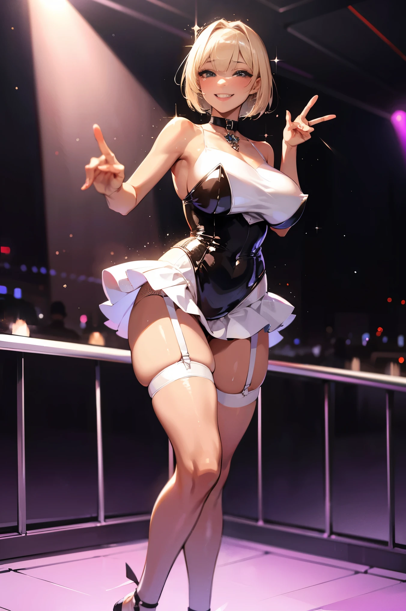 Accurate human body、Detailed people、Correct five-finger、4K - ultra-vivid、highest quality, masterpiece, Ultra-high resolution, Detailed Background、The perfect background、
(((Oily skin,Sparkling Skin、Shiny skin、Glowing Skin、Shiny skin)))、 Gals dancing at the nightclub、Sequined Bodycon Dress、Blonde、Short Hair、Layer Color Tan Skin、Eight-headed beauty、Big Breasts、smile、nightclub、(((Heavy makeup)))、Long legs、Beautiful feet、garter belt & fishnet stocking