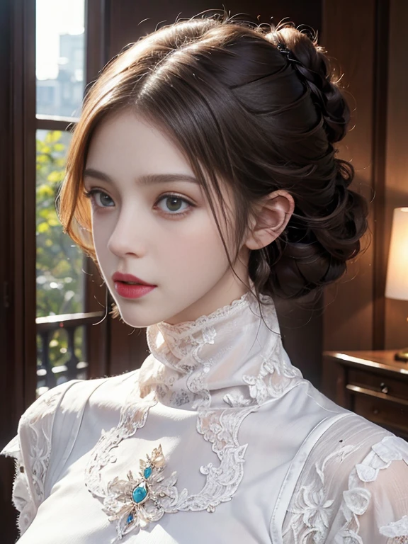 (Realistic、High resolution:1.3),((Mode feminine fashion:1.4)),alone, One Girl, masterpiece, highest quality, Very detailed, Cinema Lighting, Intricate details, High resolution, Official Art, Beautifully detailed face and eyes, High resolutionのイラスト, 8k, (short bun hair), Grey Hair:1.3, Very thin body, ((White lace turtleneck long dress:1.3)) 、Single Blade, blue eyes, Glasses, Conceit,  Upper Body, Big Breasts, Book_stack, library, ((vine)), Looking at the audience