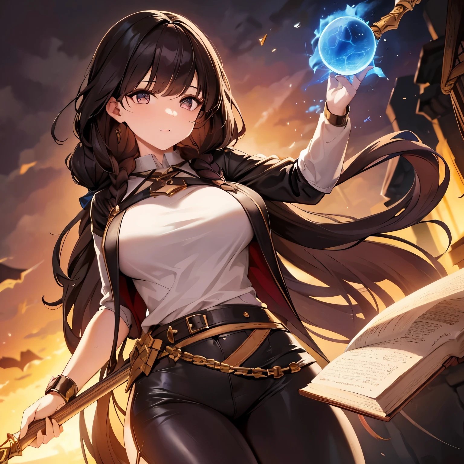 (hews art style:0.7), (hero neisan art style:0.7), score_9, score_8_up, score_7_up, score_6_up, score_5_up, score_4_up, uncensored, shizuka hiratsuka, long hair, black hair, black eyes, BREAK (masterpiece:1.2), best quality, high resolution, (detailed eyes:1.3), perfect lighting, (perfect hands, perfect anatomy), 1girls, holding, female focus, book, staff, floating, robe, open book, holding staff, veil, navel, elbow gloves, torn clothes, water drop, temple, rock, starry sky, dusty, wind art