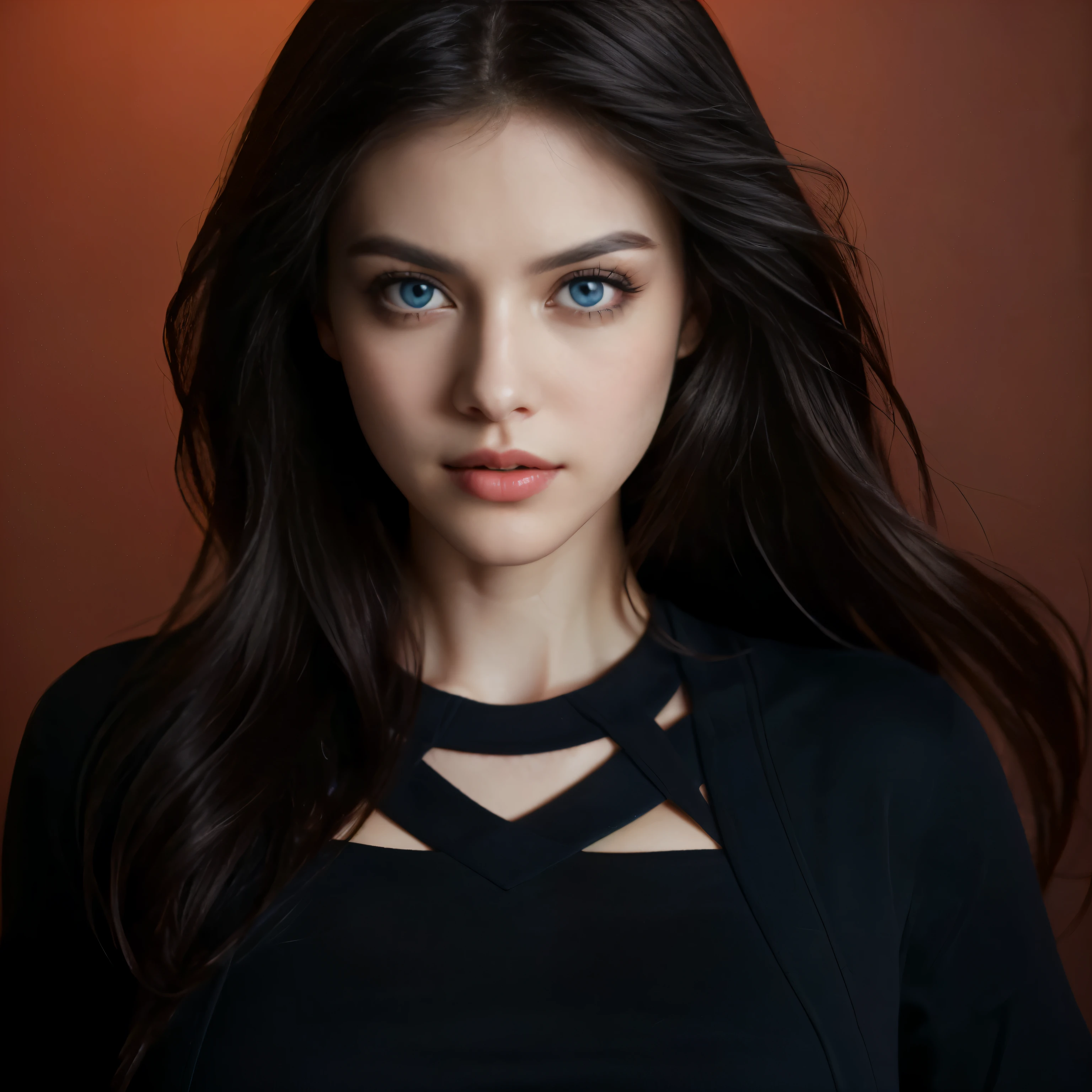 Close-up of a woman with long black hair and had blue eyes, Alexandra Daddario face!!, Alexandra Daddario, pale skin and black eyes, portrait of Alexandra Daddario, Her eyes are blue, Black hair and big eyes, Black and blue eyes, had blue eyes!!!!, furious dark haired women, had blue eyes, She has white eyes!!!