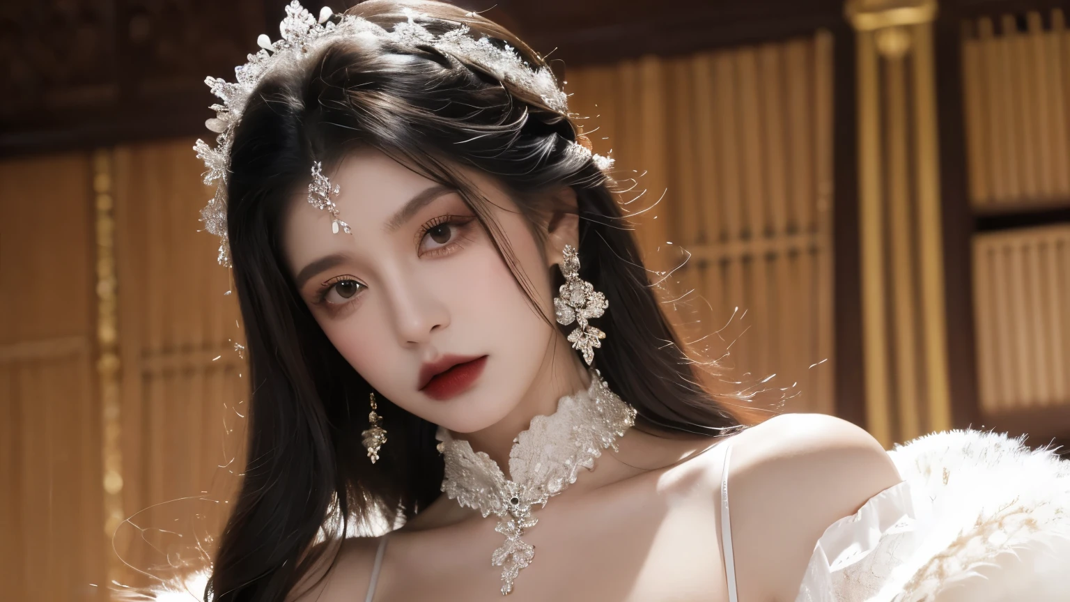 (((surreal woman)))、((very beautiful 30 year old white woman))、(((Big big cleavage)))、のWitch girl、blonde mature、plump body shape、smile、middle-aged beauty 、Very delicate and delicate skin texture、Witch girl、{(ancient ornate and luxurious temple)、(many torches are burning)}、red lips、fine scarlet eyes、(((Luxury and gorgeous silver outfit and luxurious accessories)))、I have a shining platinum wand、