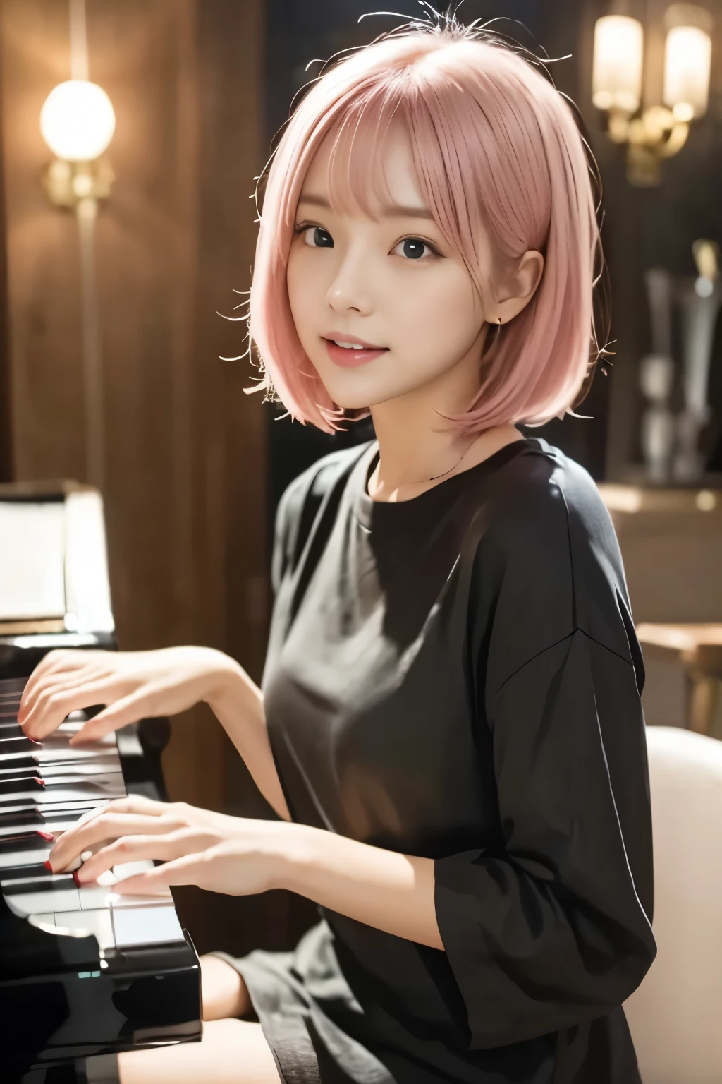 piano:1.3, Pink Hair:1.2, pianoを弾く女の子