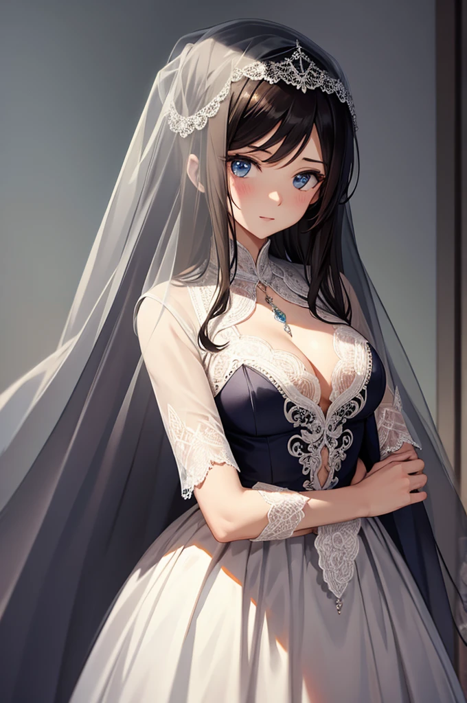 (masterpiece), best quality, best quality, Highly detailed CG Unity 8k wallpaper, The original, high resolution, (Depth of Field: 1.5), Honesty: 1.3, breast, bride portrait style, 1 girl, curtain, veil , bridal veil, Wedding dress, curtain, Jewelry, Solitary, earrings, teeth, bride, Black_hair