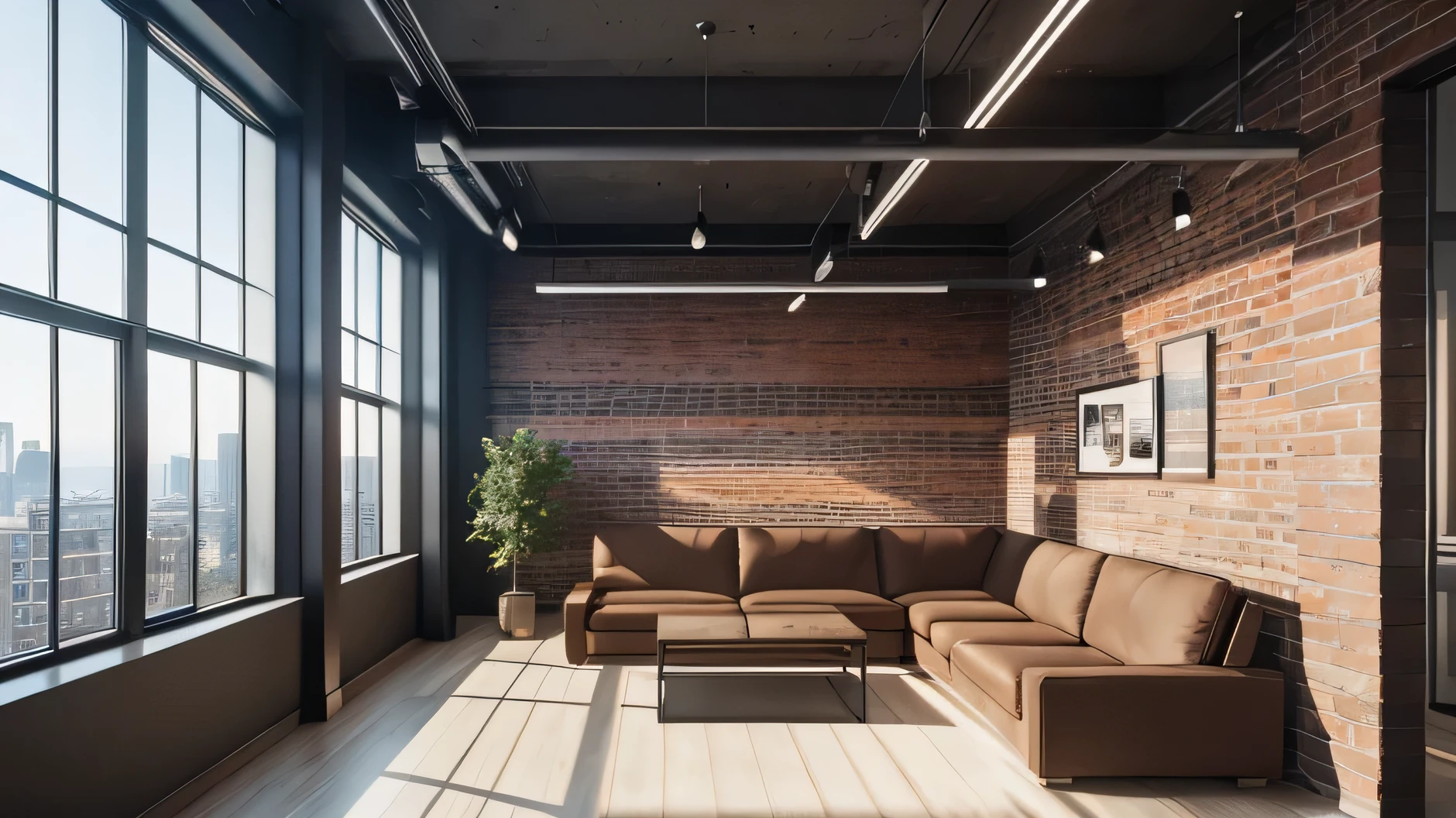 modern office, brick wall, high ceilings, glass wall, technology, nobody, tv, natural light,
lamp stand, away from wall, corner view, 4k, 16:9 aspect ratio, frames, sofa
