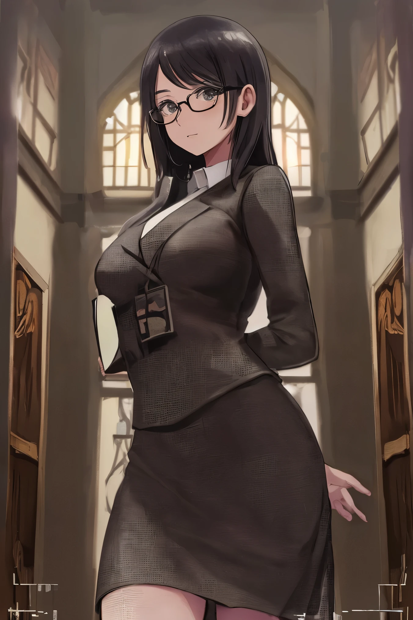A meticulously detailed illustration presents a poised schoolteacher with sleek black hair, accentuated by the subtle glint of her glasses. Every strand is rendered with precision in stunning 8K resolution, capturing the essence of her professionalism and intellect. With a commanding presence, she stands ready to impart knowledge and guidance in the hallowed halls of education.