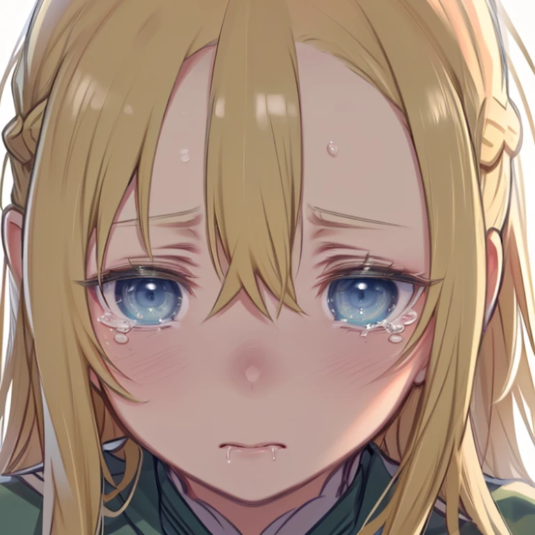 masterpiece,highest quality,High resolution,Very detailed、Close-up of face、Mature Woman、(mint, blue eyes, braid, green uniform, long sleeves、Long blonde、Hair between the eyes)、clavicle、Troubled face、Are crying、(((tears、Saliva、snot)))、(((Mouth wide open)))、