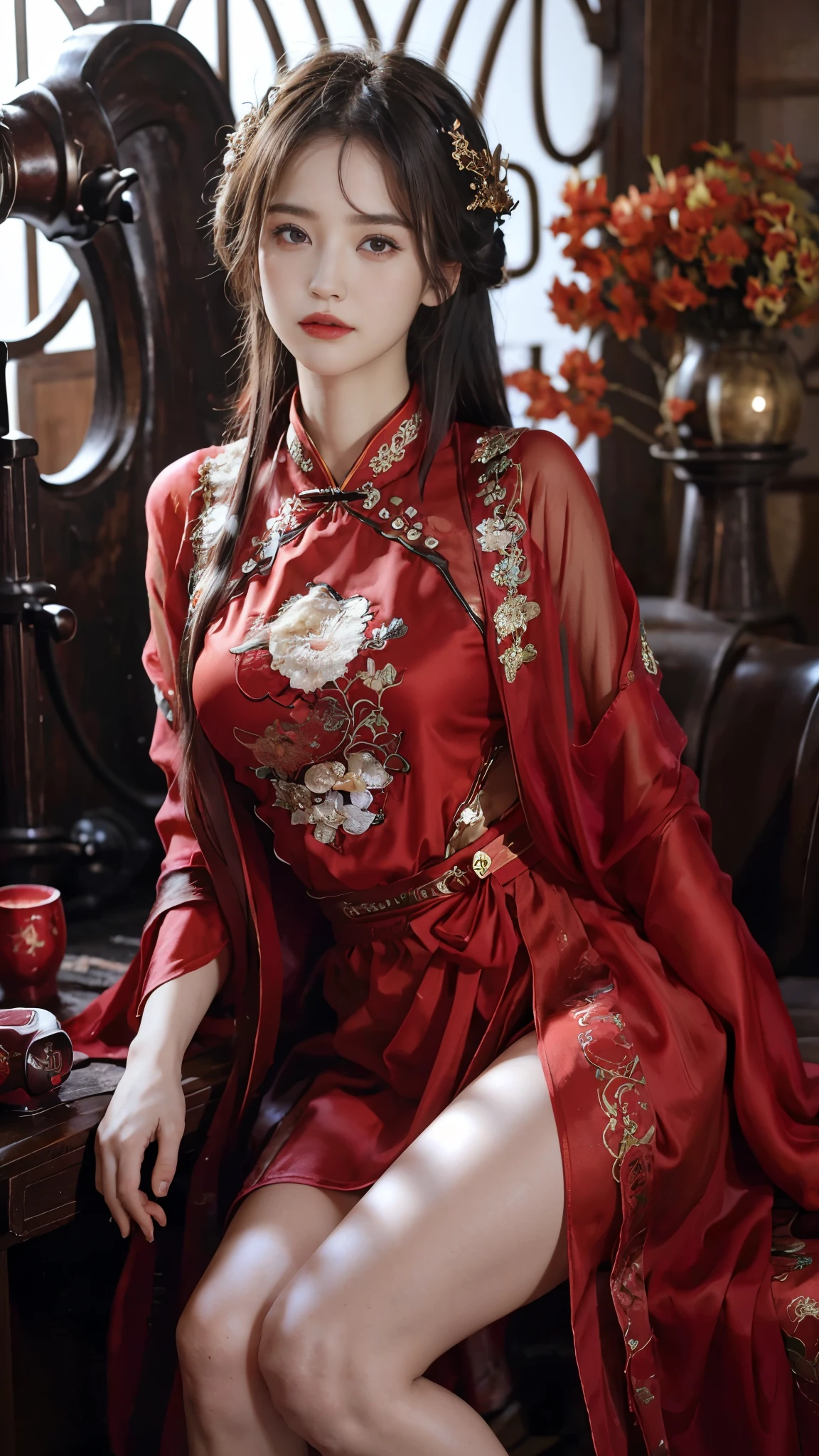 1 female，20 years old，center， She has long black hair，Red lips，Perfect thighs，(Keep your eyes on the camera:1.5)，stand up，night，wooden pavilion，Chinese Palace，From the front， curls，Hair flying， Gloomy sky，（（（masterpiece），（Highly detailed CG Unity 8k wallpaper），best quality，Movie Lighting，Detailed background，Beautiful right eye pupil，（Very delicate and beautiful），（Beautiful and detailed description of the eyes），Extremely detailed，masterpiece，）），high resolution，Extremely detailed），queen of china（apparel：，Gold wire embroidery，Red cheongsam，Lace，Red cape），
