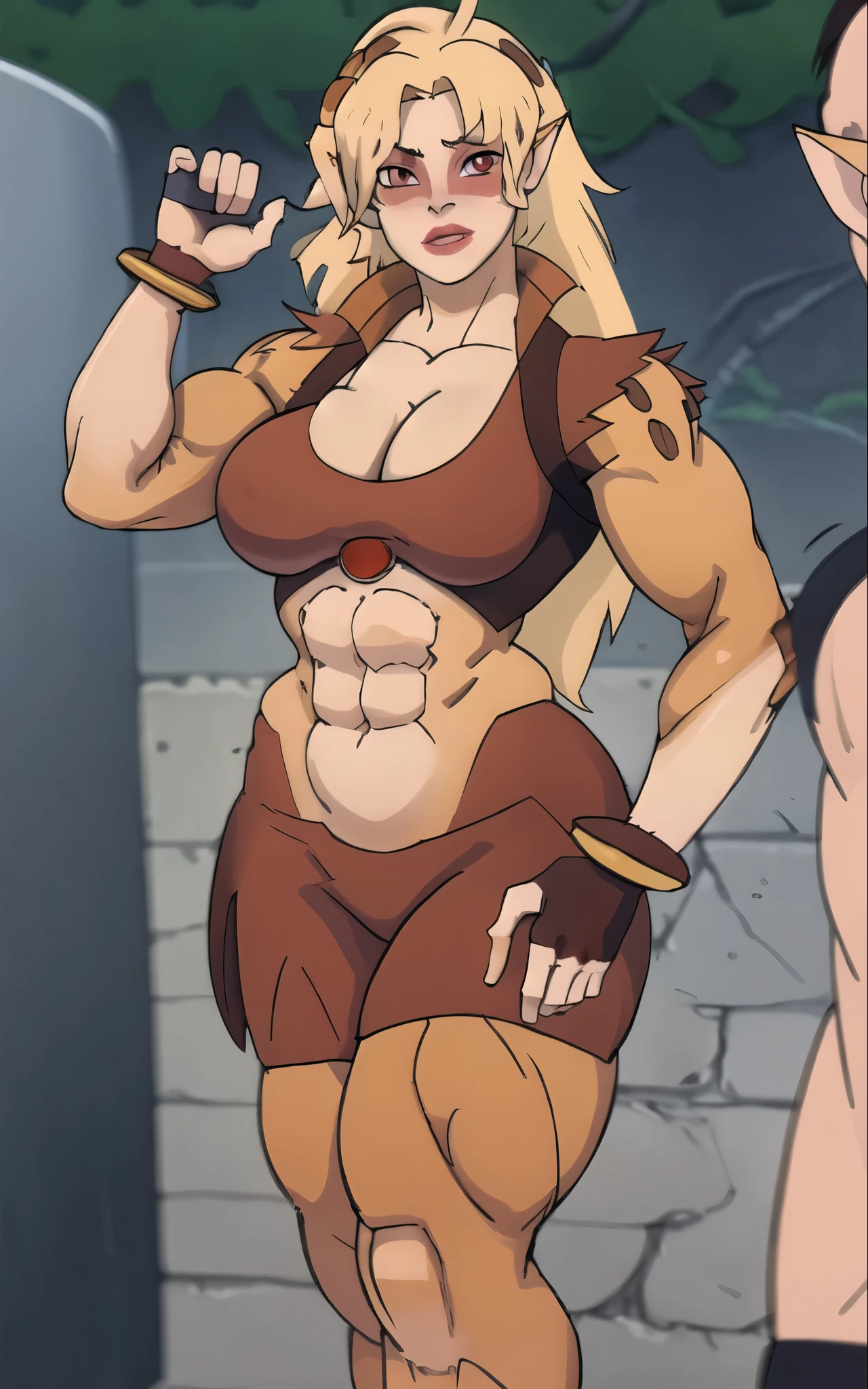 Muscle, flex biceps, big breast, taper v, CARTOON_Cheetara_Thundercats2011_ownwaifu,
1girl,  blonde hair, very long hair, colored skin, multicolored skin, two-tone skin,long hair, pointy ears, breasts, cleavage, makeup, red eyes, large breasts, navel, lipstick, brown eyes, blush, bangs, eyeshadow, slit pupils,   facepaint, lips, jewelry, leopard print, 
collared jacket, orange leotard, midriff,  crop top, gloves, bracelet, open clothes, toeless legwear, bodysuit, anklet, thighhighs, fingerless gloves, sleeveless, 
((masterpiece)),((best quality)),(highres, absurdres), original, official_art, chromatic_aberration, light_particles, bokeh, bloom, depth_of_field, outdoors, day, looking at viewer, solo, cowboy shot, photo_background,