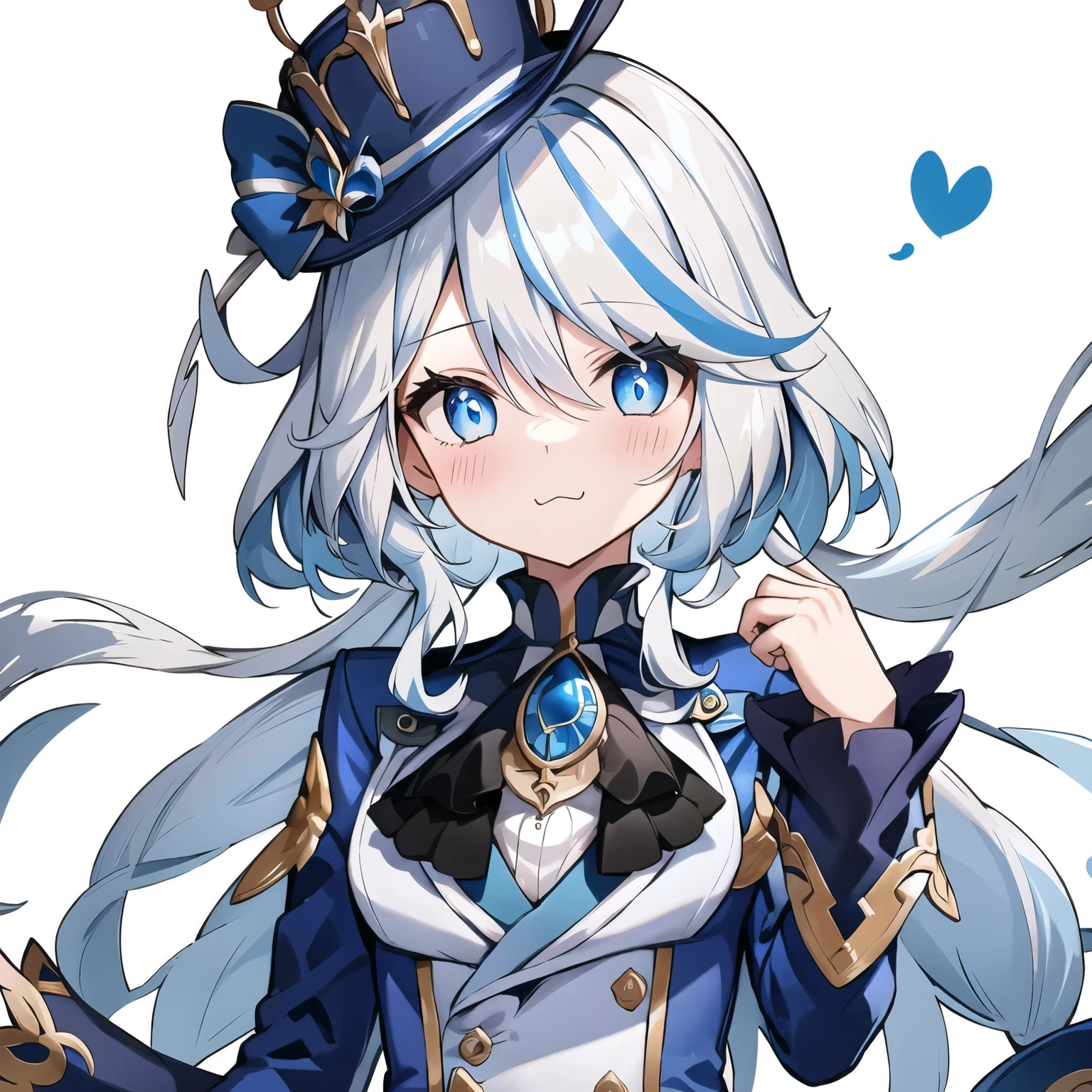 furina, 1girl, solo, long hair, looking at viewer, blush, blue eyes, simple background, gloves, long sleeves, hat, white background, jewelry, :3, blue hair, jacket, upper body, ahoge, white hair, heart, streaked hair, symbol-shaped pupils, blue jacket, brooch, blue headwear, top hat