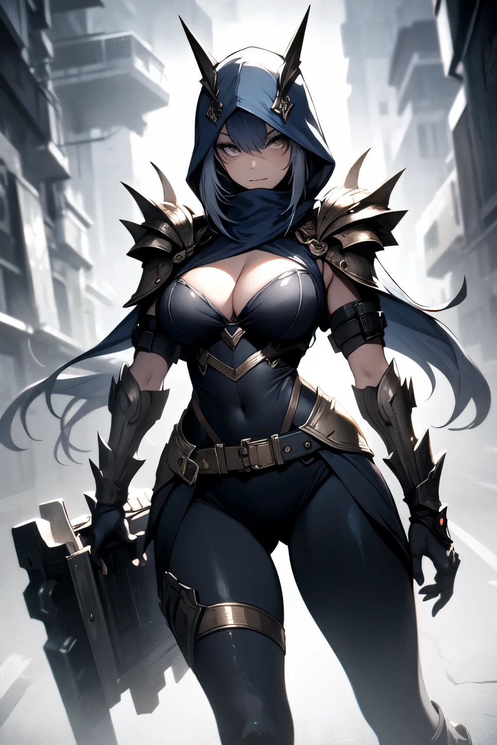 Her equipment consisted of a dark blue and regular blue fancy-looking cloth armour that had a black coloured design on them. She had a large hood that covered most of her face, under it was a scarf that covered a portion of her showing cleavage and exposed shoulders. She wore a tight shirt that extenuated her thin waist and wide hips, the shirt did not have any sleeves which exposed the silky smooth skin on her arms that wore long, elegant gloves that covered most of her forearm. For legwear, she had thigh-high leggings that exposed a gap that showed the skin between her shirt and leggings, revealing her absolute territory. She also had some metallic armour around her knees and shins that connected to her elegant boots for extra protection.