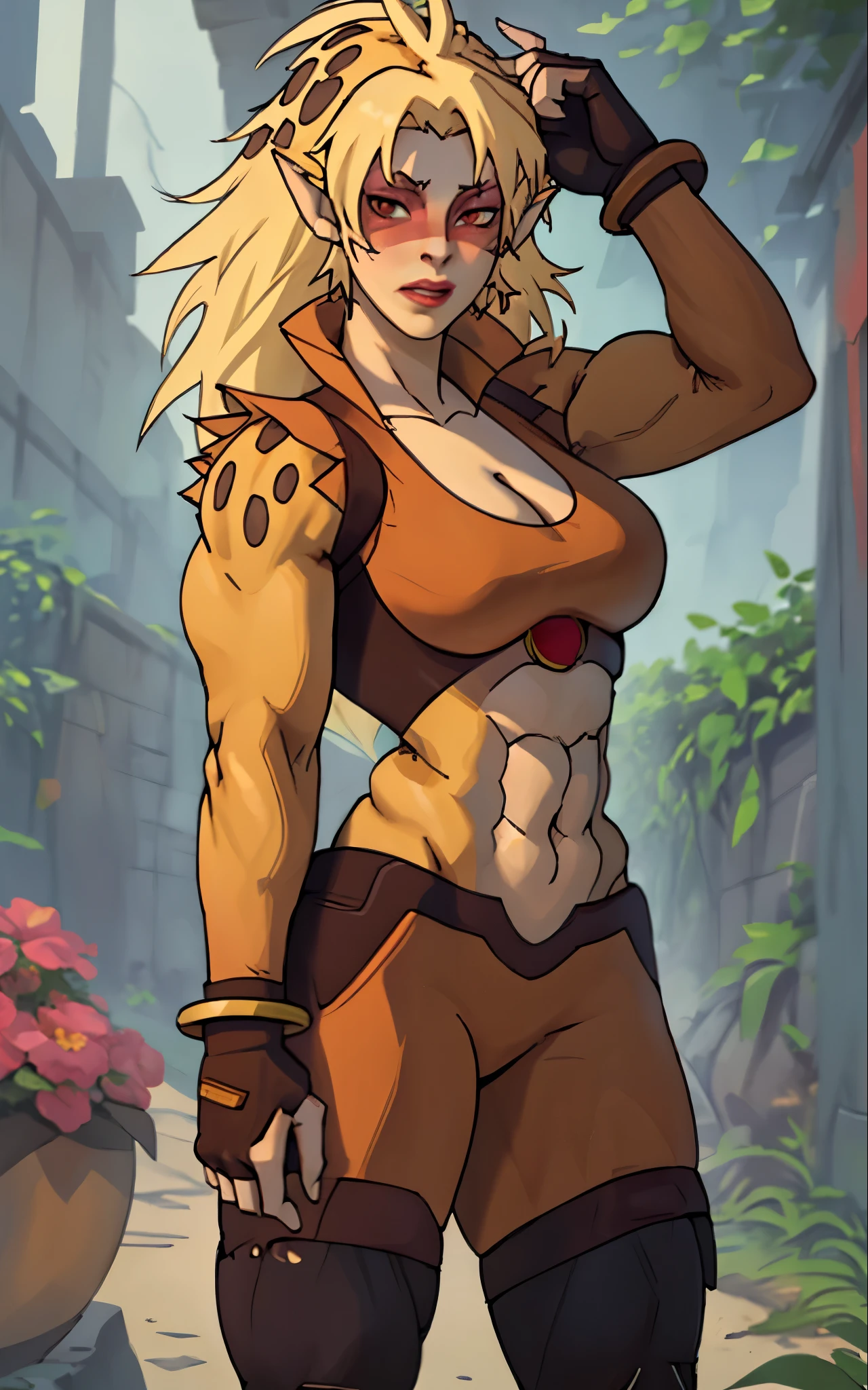 Muscle, CARTOON_Cheetara_Thundercats2011_ownwaifu,
1girl,  blonde hair, very long hair, colored skin, multicolored skin, two-tone skin,long hair, pointy ears, breasts, cleavage, makeup, red eyes, large breasts, navel, lipstick, brown eyes, blush, bangs, eyeshadow, slit pupils,   facepaint, lips, jewelry, leopard print, 
collared jacket, orange leotard, midriff,  crop top, gloves, bracelet, open clothes, toeless legwear, bodysuit, anklet, thighhighs, fingerless gloves, sleeveless, 
((masterpiece)),((best quality)),(highres, absurdres), original, official_art, chromatic_aberration, light_particles, bokeh, bloom, depth_of_field, outdoors, day, looking at viewer, solo, cowboy shot, photo_background,