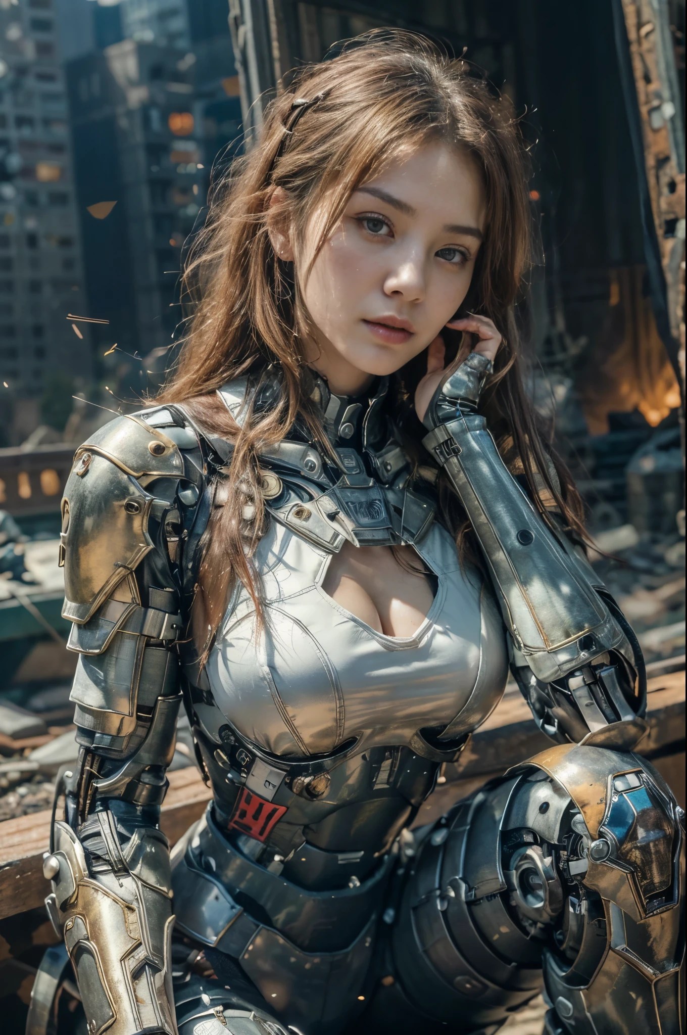 (Masterpiece, Best Quality, photorealestic:1.4), (UHD, 8k wallpaper, High Resolution), a portrait of japanese girl as a cyborg war mechine in a cyborg military with heavy armor, intricate detailed bodywork, messy red hair, detailed beautiful face, very tight musculature, sitting with sexy pose, cute expression. Against the background of a ruined New York City, dressed in black with red trim cyborg military armor, deathpool armor likeness, Oppressive atmosphere, postapocalypse, photon mapping
