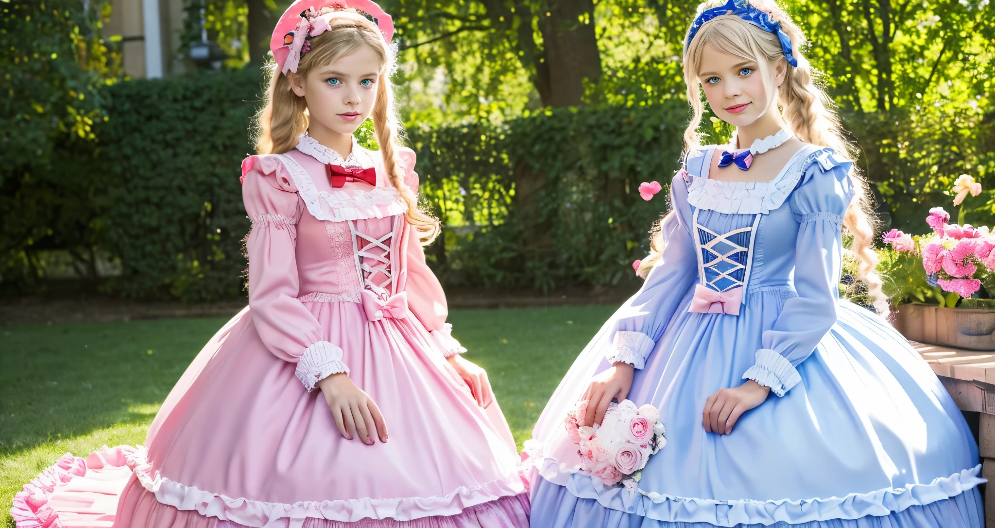 highest quality, masterpiece, Highest Resolution, artwork, super become close, many Familiar, Familiar, become close,woman, ((Early teens,))European,高貴なwoman,Blonde with long curls,blue eyes,Wearing fancy clothes with frills and ribbons,((Pink Midi Dress Lolita Fashion)),((Whole body image)),Long sleeve,Ruffle and ribbon headdress,