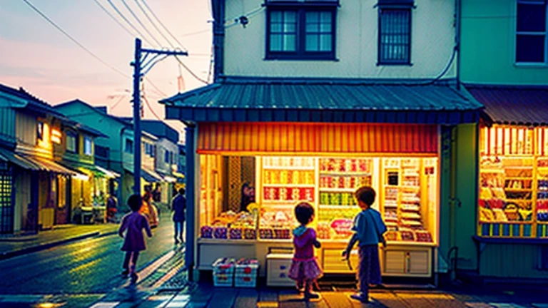 Candy shop、Sunset on 3rd Street、Children playing with a spinning top、Parents and children playing with kites、Children playing with menko、Children shopping at a candy store、Old Japanese tiled house、Scene of children playing