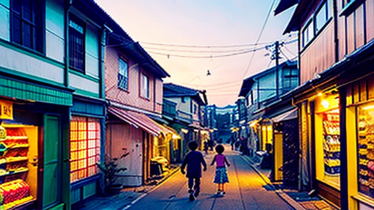 Candy shop、Sunset on 3rd Street、Children playing with a spinning top、Parents and children playing with kites、Children playing with menko、Children shopping at a candy store、Old Japanese tiled house、Scene of children playing 