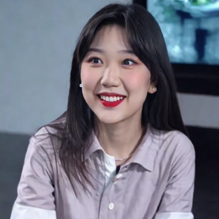 (masterpiece, best quality:1.2), 1girl, 3d, asian, black hair, blurry, blurry background, blurry foreground, bokeh, buttons, chromatic aberration, collared shirt, depth of field, forehead, lips, long hair, looking at viewer, motion blur, nose, photo \(medium\), photorealistic, realistic, red lips, shirt, smile, solo, upper body, white shirt, wing collar